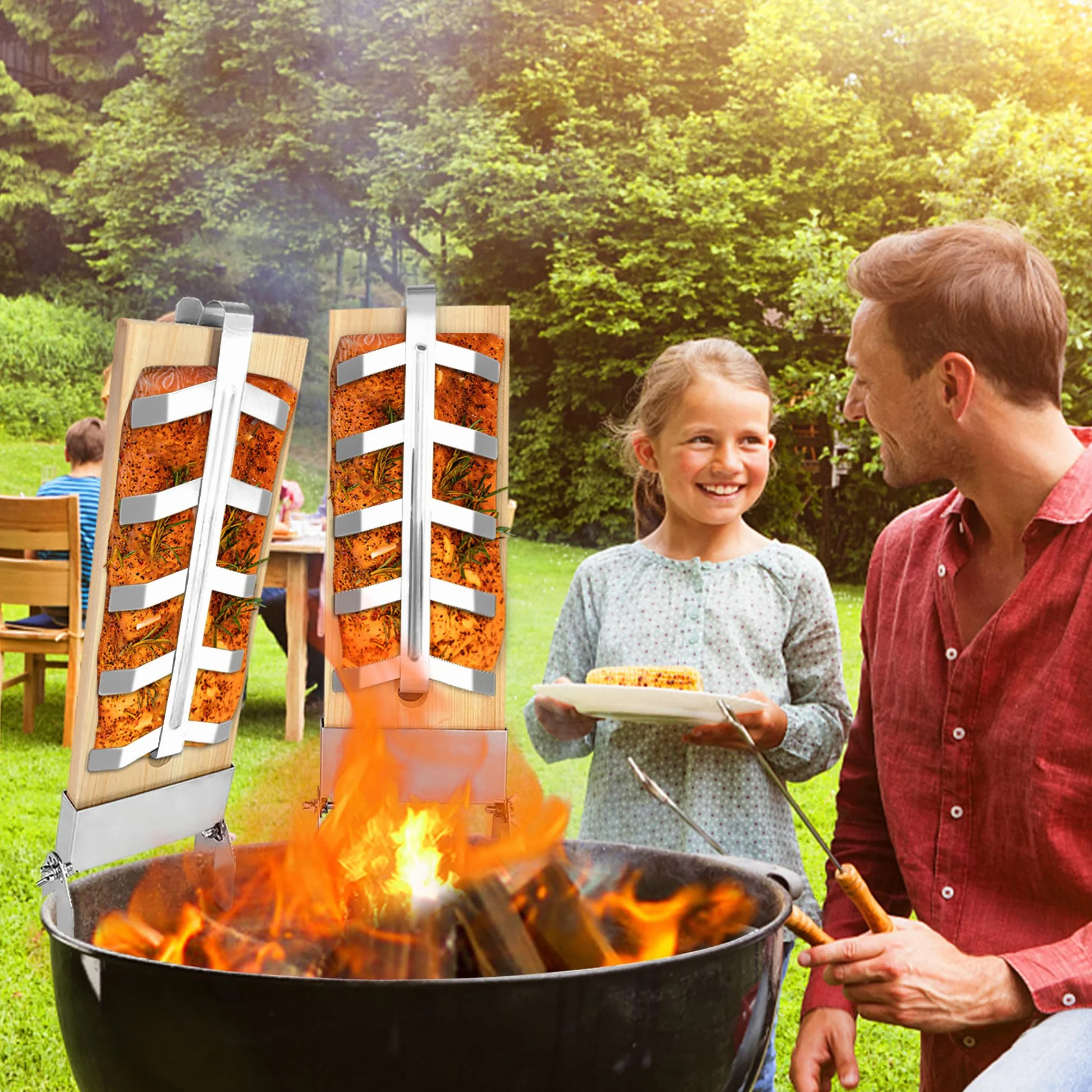 Lot de 4 planches à saumon flammé en acier inoxydable, support réglable 5 niveaux, planche à fumer en cèdre pour barbecue