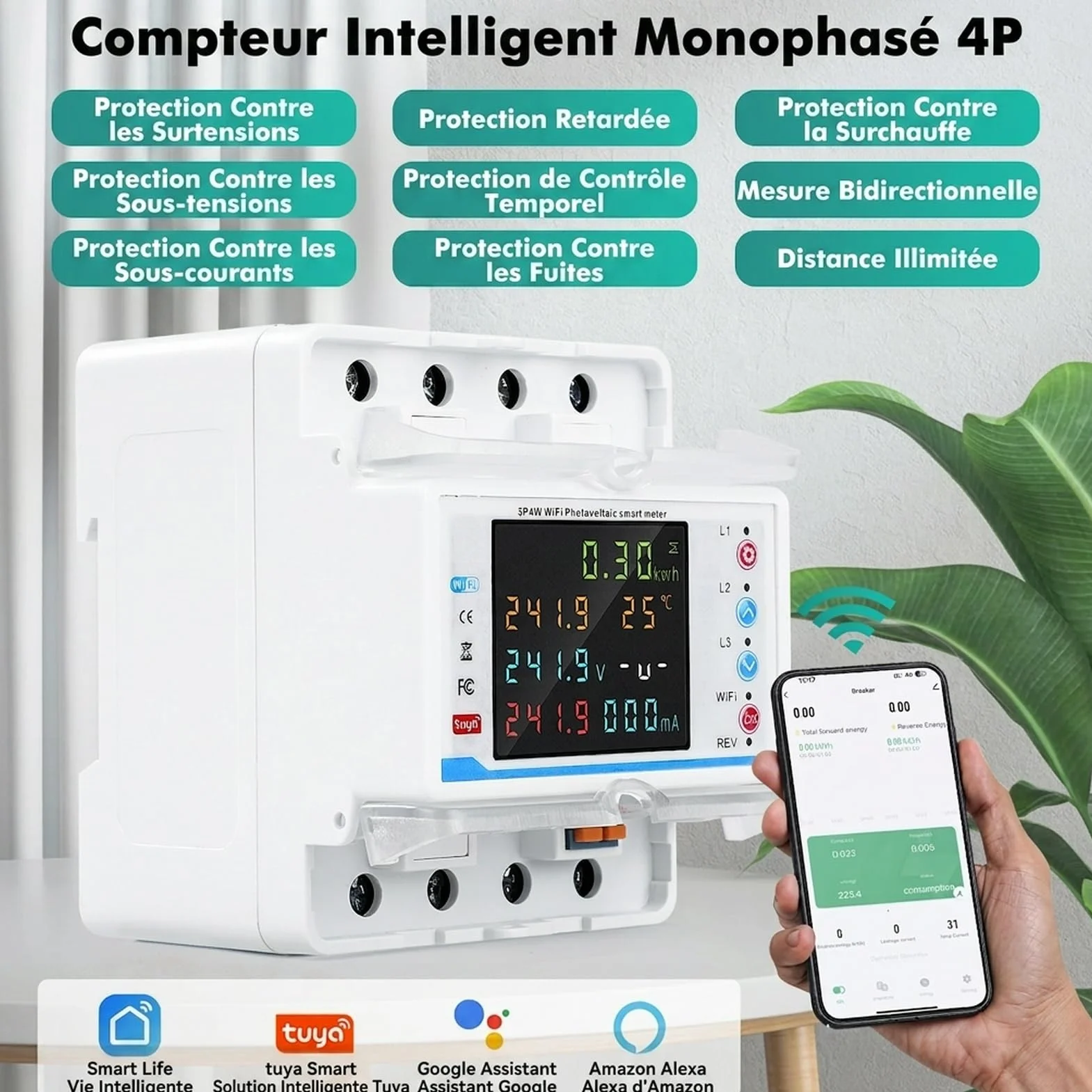 Wifi compteur electrique consommation triphasé 100A 380V AC Smart meter compteur électrique wifi bidirectionnel avec contrôle du temps/protection contre les surtensions/surintensités.