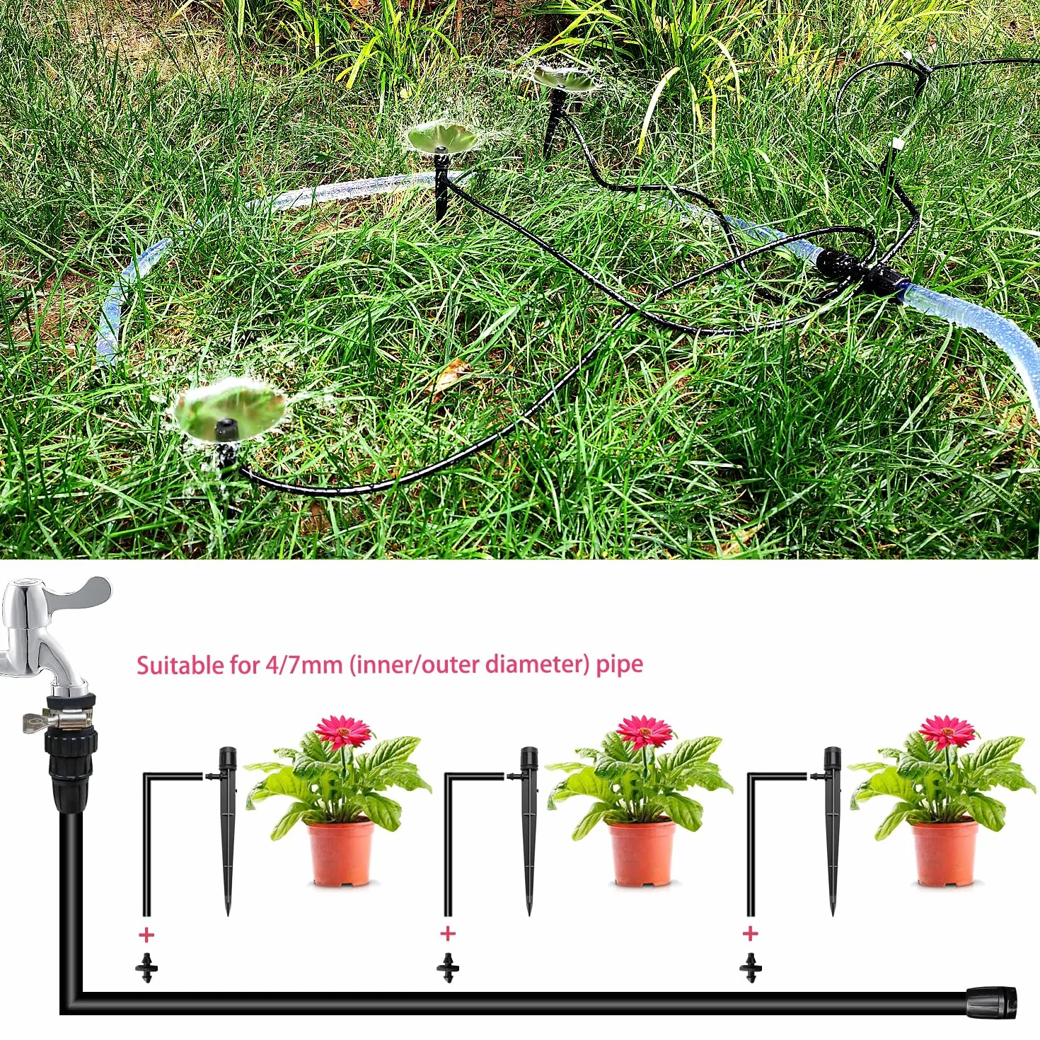 Goutteur Irrigation Réglable 360 Degrés Micro Asperseur Goutte à Goutte pour Tube 4/7 mm, Noir 20 Pièces