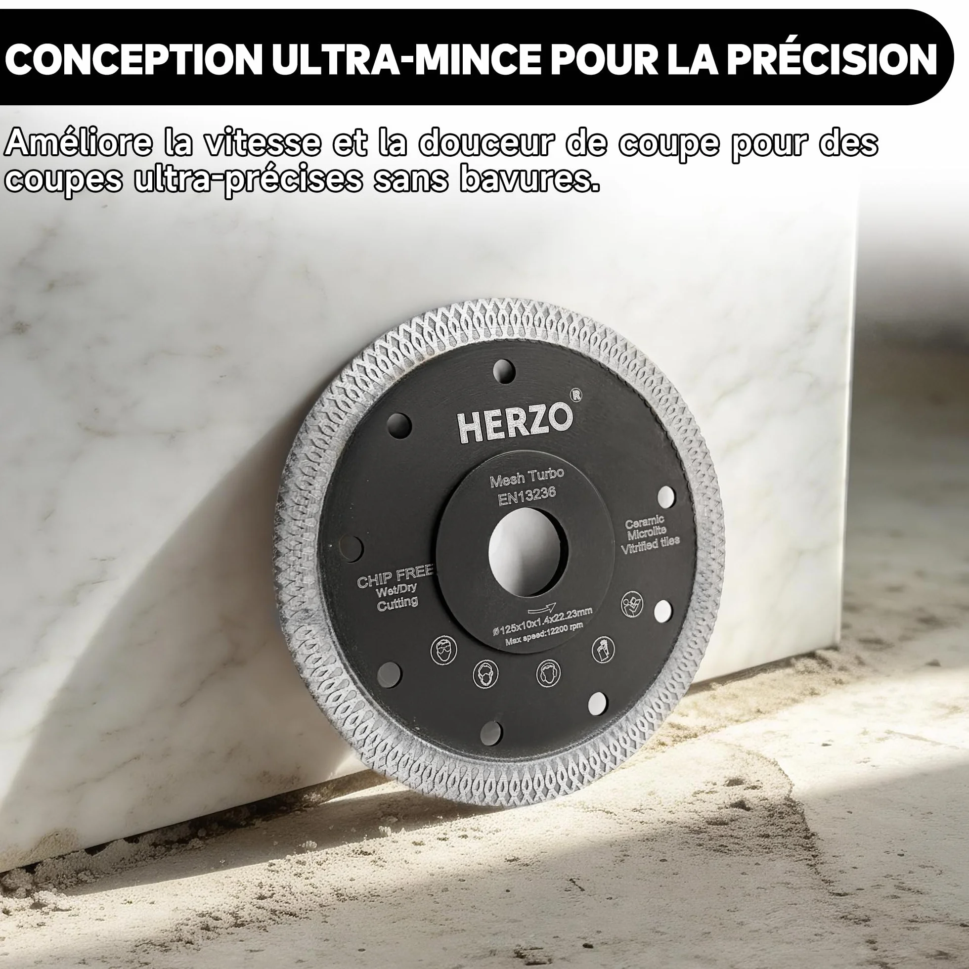 HERZO Disque Diamant 125 mm x 22,23 mm pour Carrelage - Disque Diamant 125 mm pour Carrelage, Grès Cérame, Porcelaine et Céramique