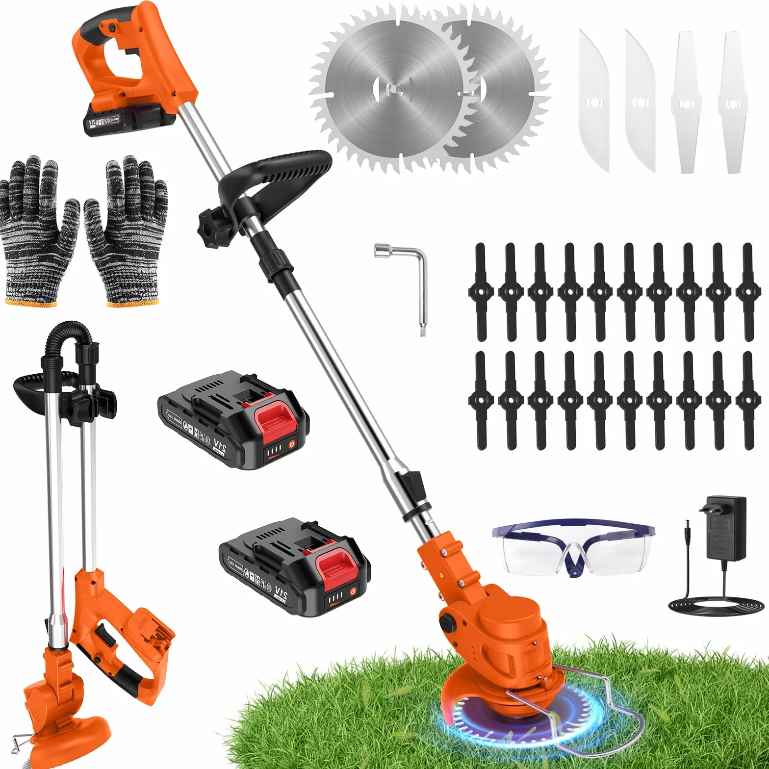 Debroussailleuse Electrique sans Fil 850W Rotofil 60cm Manche Telescopique 2x 2000mAh 26 Lames Orange Cuivré