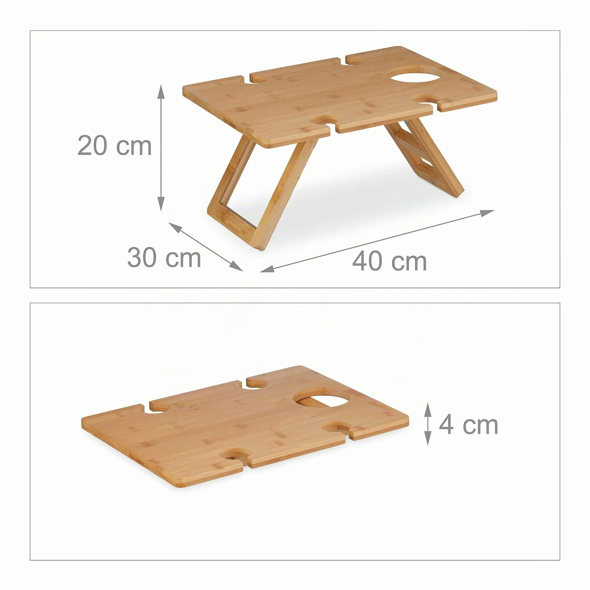 Relaxdays Mini-Table Portative en Bambou Nature, 20x40x30 cm, Encoche 4 Verres de Vin et 1 Bouteille