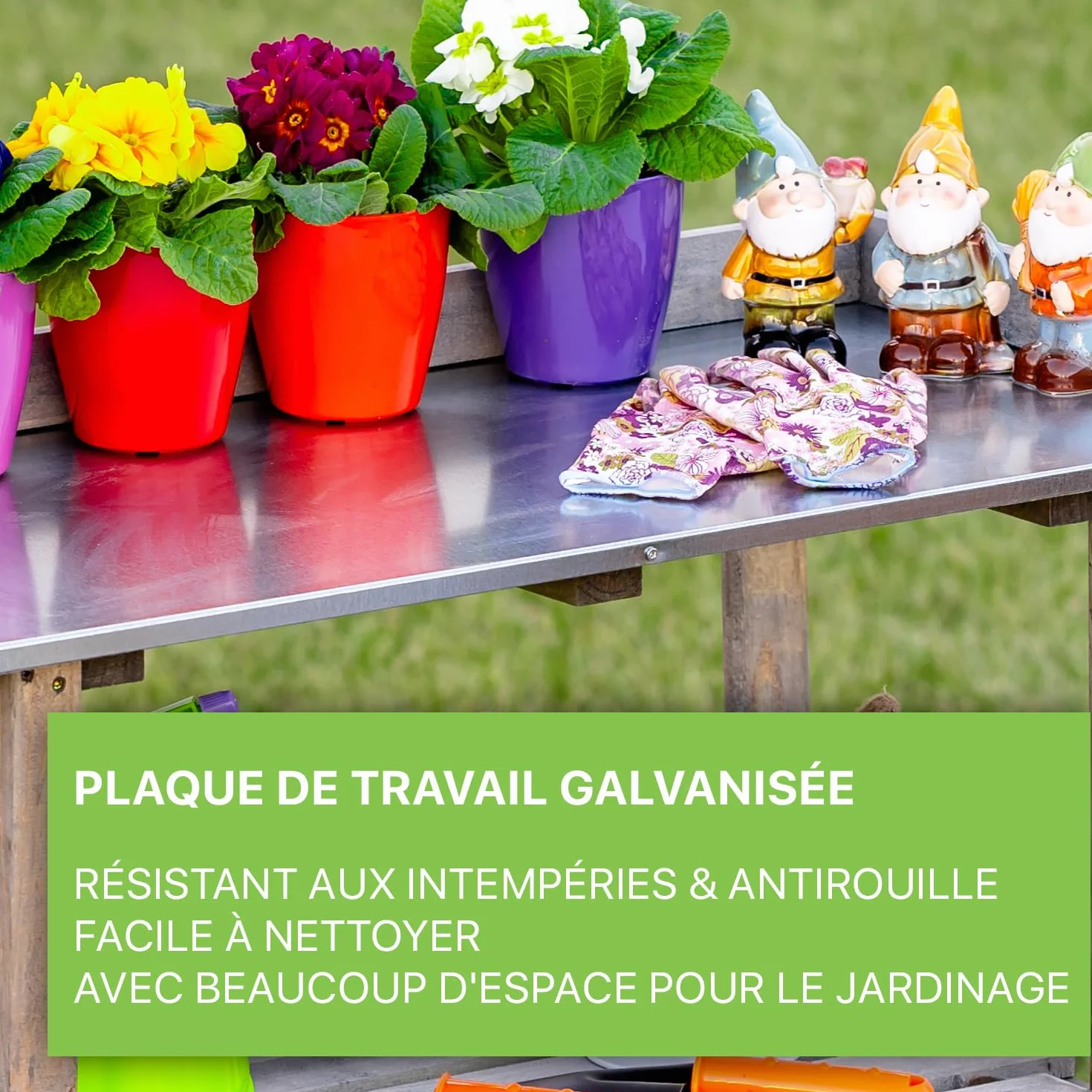 ITA Table de Plantation en Bois 76x38x89 cm avec Plan de Travail galvanisé et étagère inférieure 3 étages
