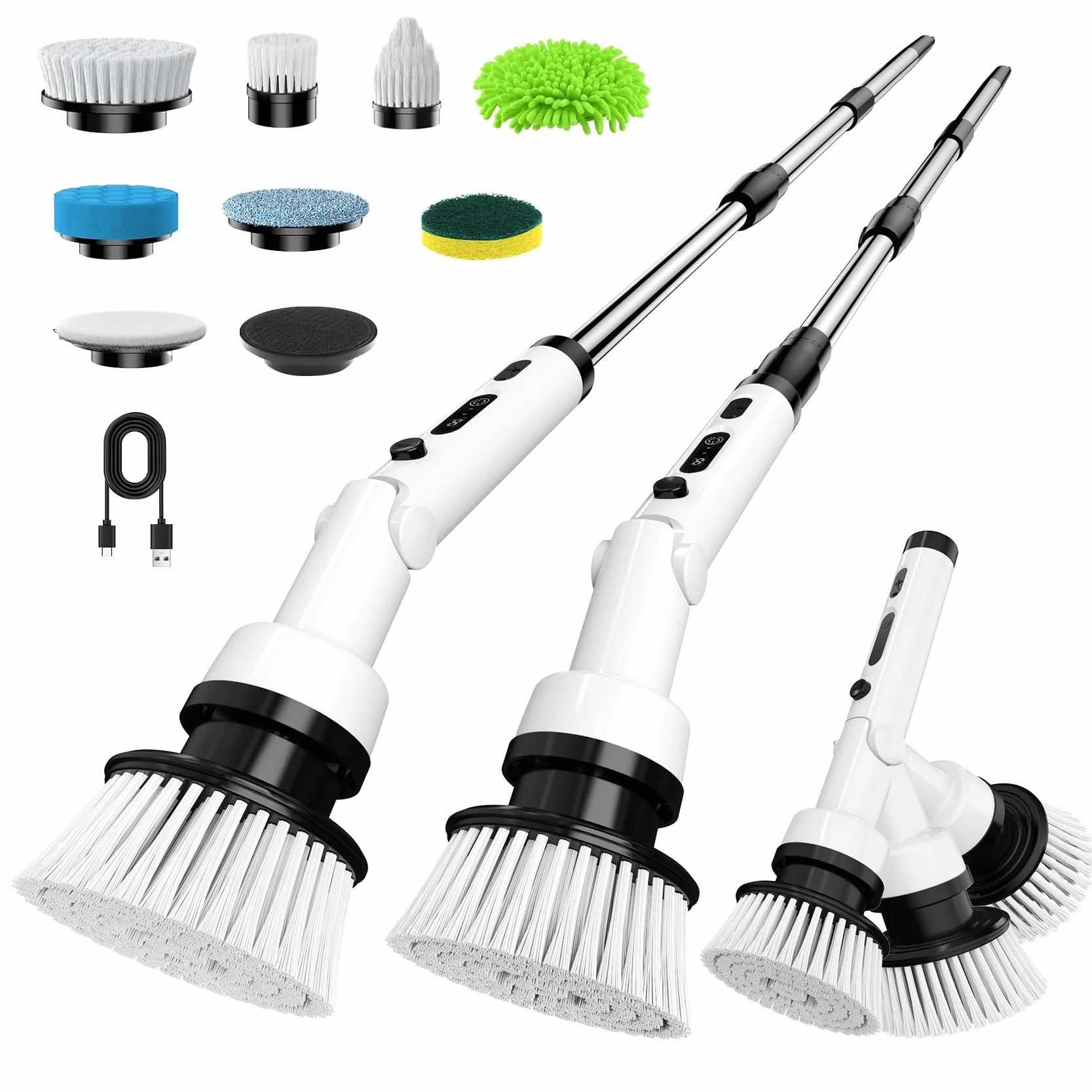 Brosse Nettoyage Electrique Rotative -Brosse de Nettoyage Electrique avec 8 Têtes, 3 Vitesses Manche Extensible Rechargeable Brosse Nettoyage pour Salle de Bain, Cuisine et Voiture