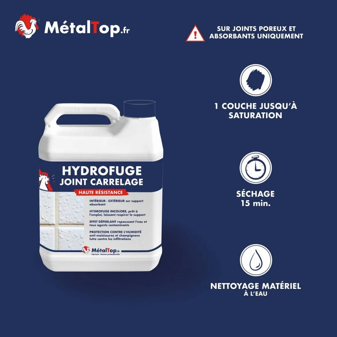 Métaltop - Hydrofuge Joint Carrelage - 1 L - Protection invisible contre l'eau, l'humidité et les taches pour joint absorbant