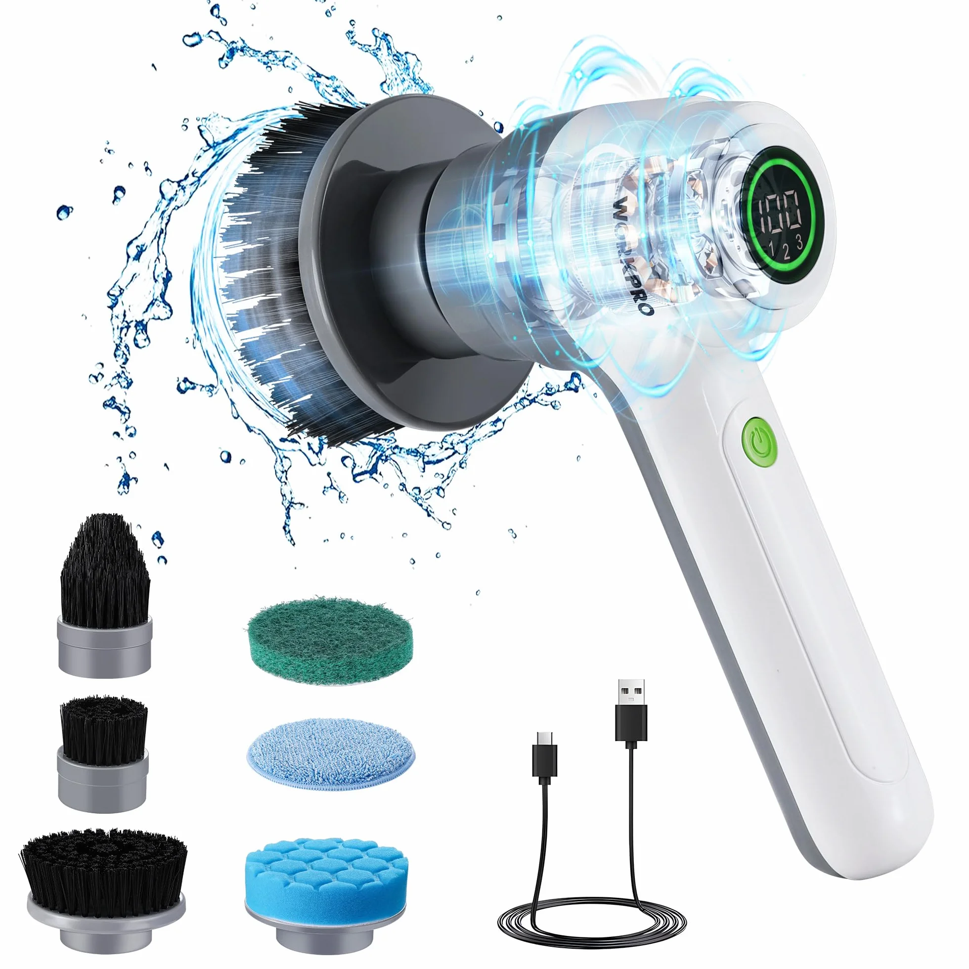 WORKPRO Brosse de Nettoyage Rotative avec 6 Brosses, Brosse sans Fil 8V, 3 Vitesses Réglables (200/350 / 500 TR/Min), IPX6, Électrique Rechargeable pour Salle de Bain, Cuisine et Fenêtres