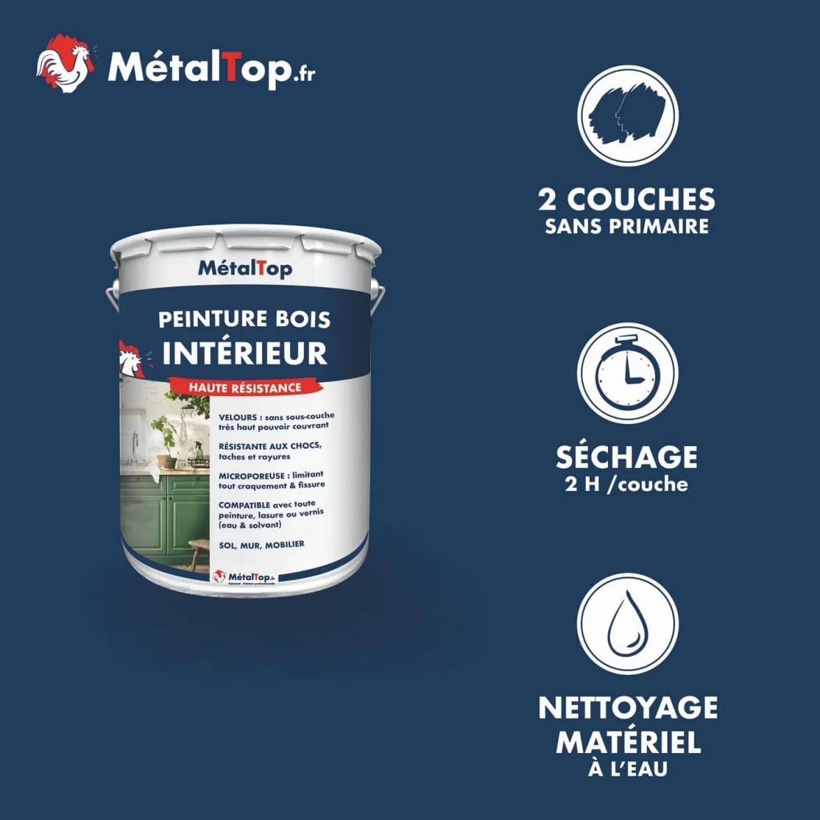Metaltop - Peinture Bois Interieur - Blanc pur - RAL 9010-5 L - Microporeuse et lessivable pour portes, fenêtres, meubles