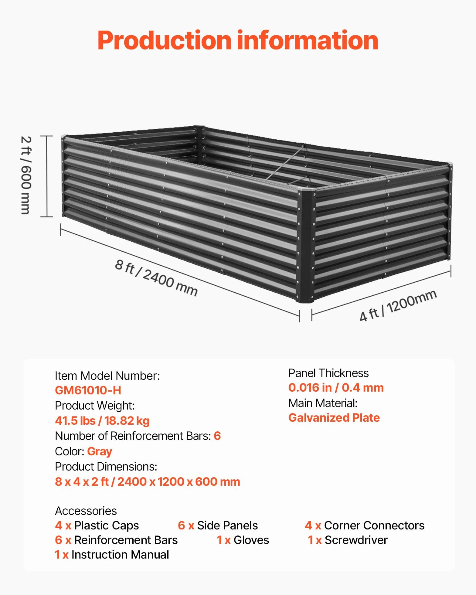VEVOR Potager Surélevé Métal 240x120x60 cm Galvanisé Gris Foncé