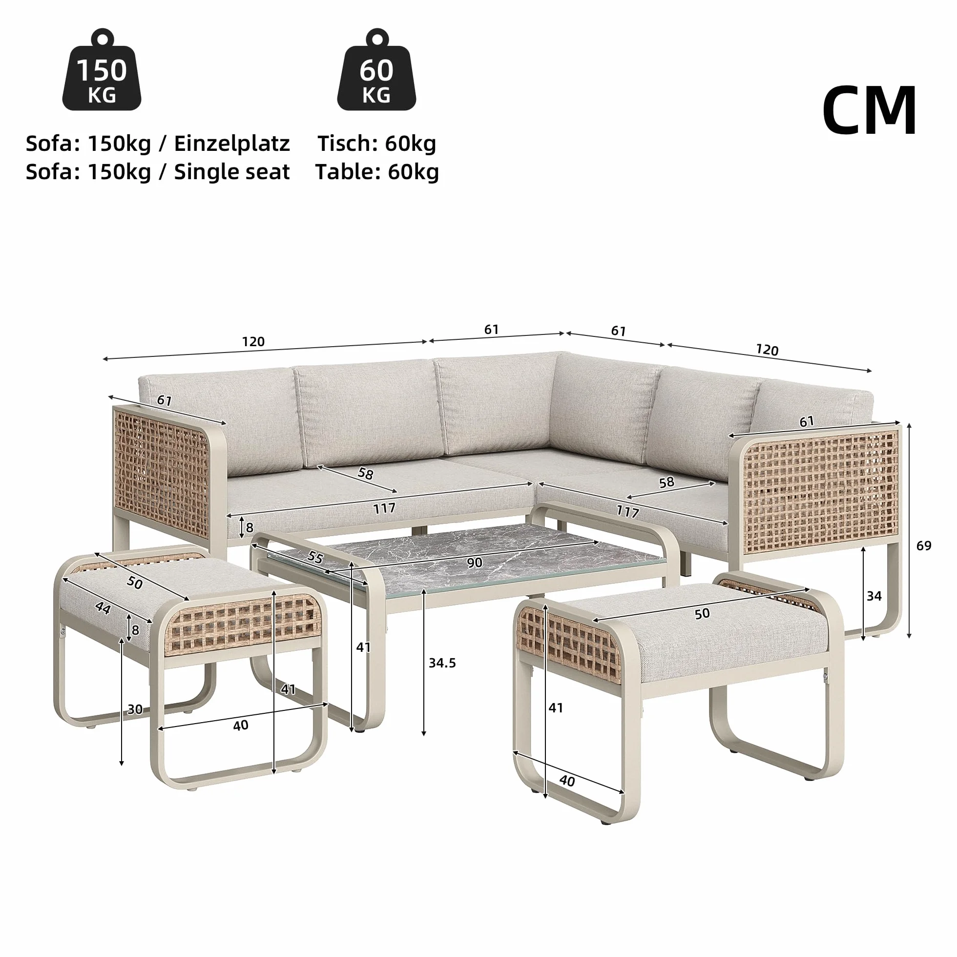 Ensemble Salon de Jardin 6 Pièces Canapé d’Angle Rotin Pieds Réglables Mobilier d’Extérieur Beige