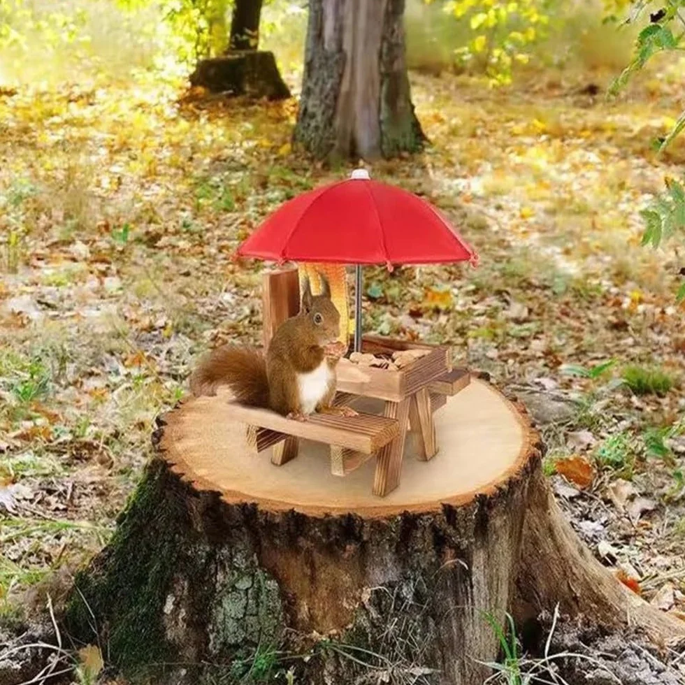 Mangeoire pour Écureuils en Bois avec Parasol et Banc, 18x21x18cm Marron