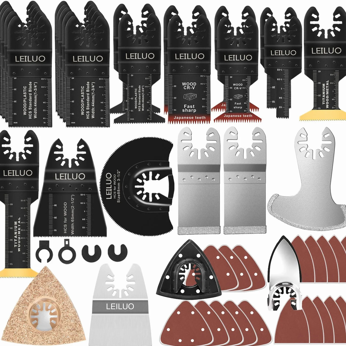 LEILUO Kit d'accessoires oscillant multitool 155 pièces Pour couper poncer et jointoyer Lames de scie oscillantes universelles avec sac de rangement Compatible avec DeWalt Dremel Makita et plus