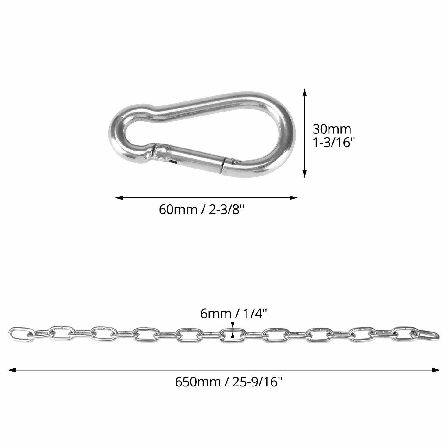 QWORK 2 pièces chaîne d'extension Ø6mm 65cm Mousqueton M6 Acier Inoxydable 304