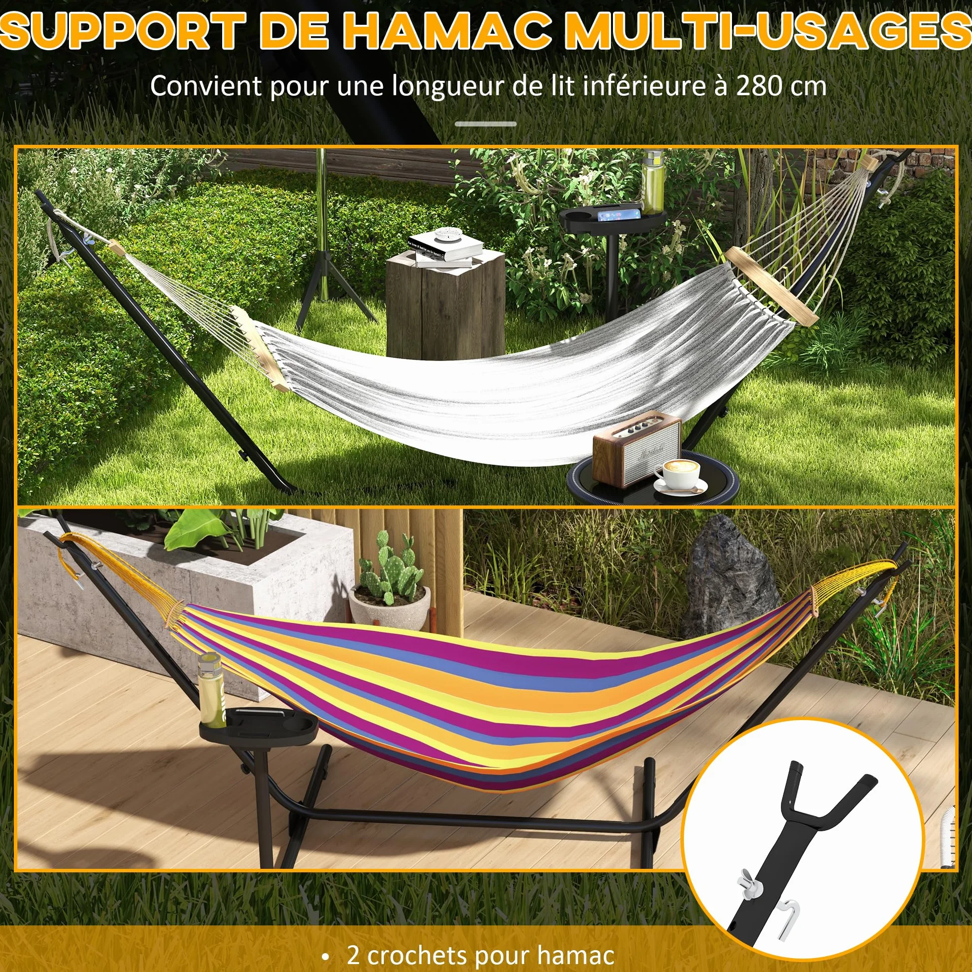 Outsunny Support Pied de hamac avec Porte-gobelet métal époxy Noir 305x129x109 cm 150kg