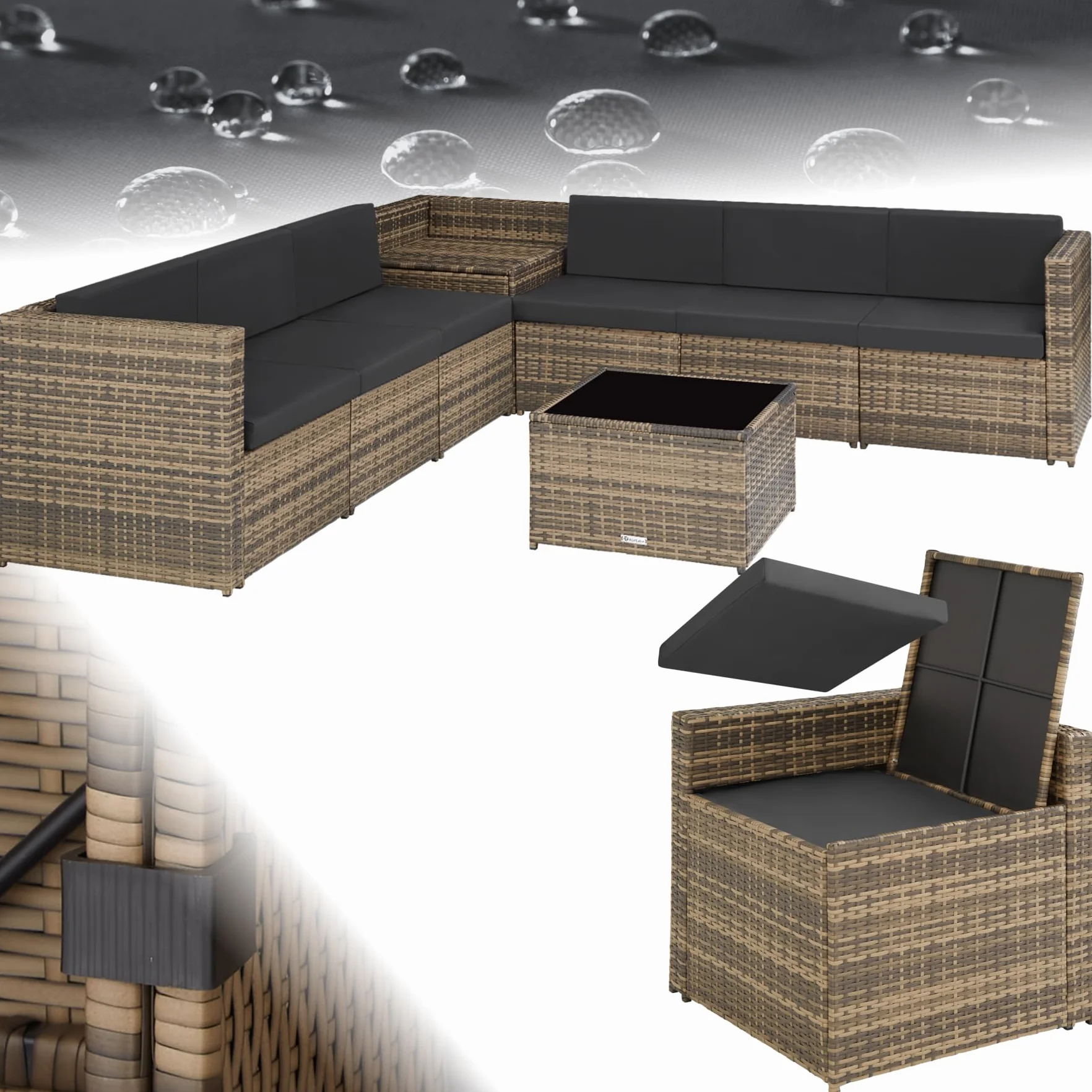Tectake Salon de Jardin en Rotin 6 Places Resine Tressee Modulable avec Coffre et Table en Verre Marron Naturel