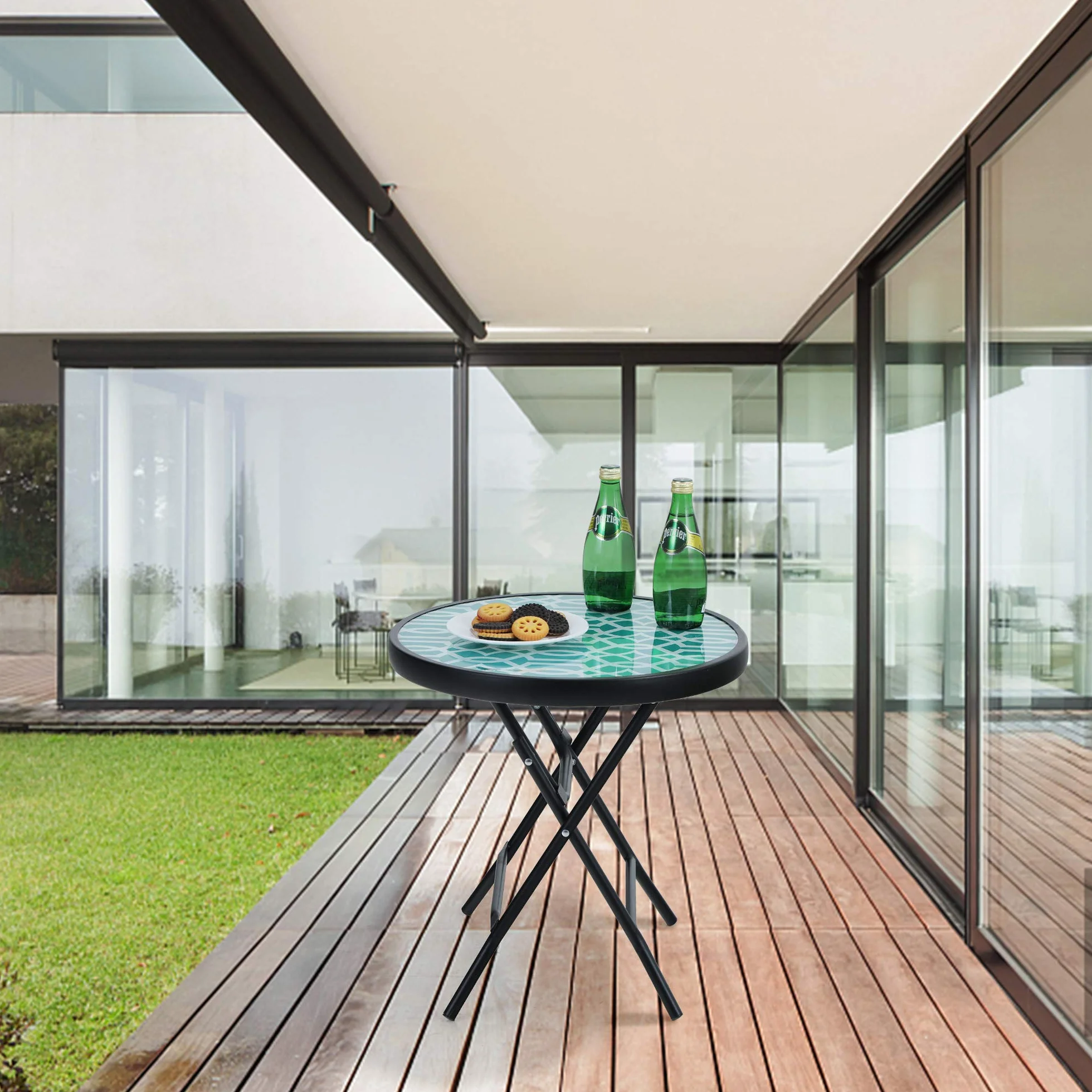 PHI VILLA Table d'appoint Ronde Pliable Verre Métal Petite Table de Balcon résistante aux intempéries