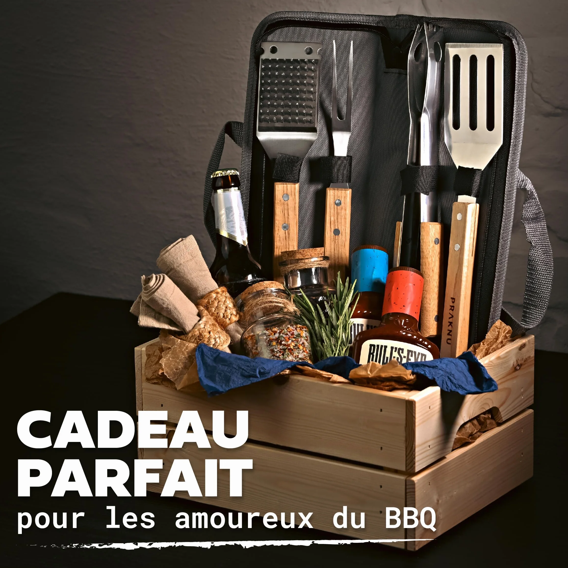 Kit Barbecue Ustensiles 4 Pièces Acier Inoxydable et Bois avec Sac de Transport - Coffret Cadeau BBQ Gaz