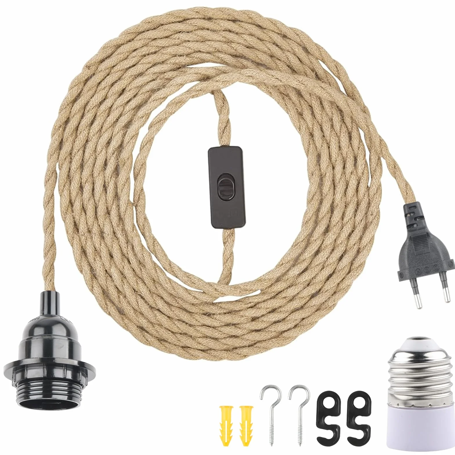 Douille de Lampe E27 Vintage avec Interrupteur et Câble 6m en Corde de Chanvre Tressée Vintage Anneau à Vis pour DIY Lampe Suspension Lumière Pendante Industrielle pour Salon Chambre Bar