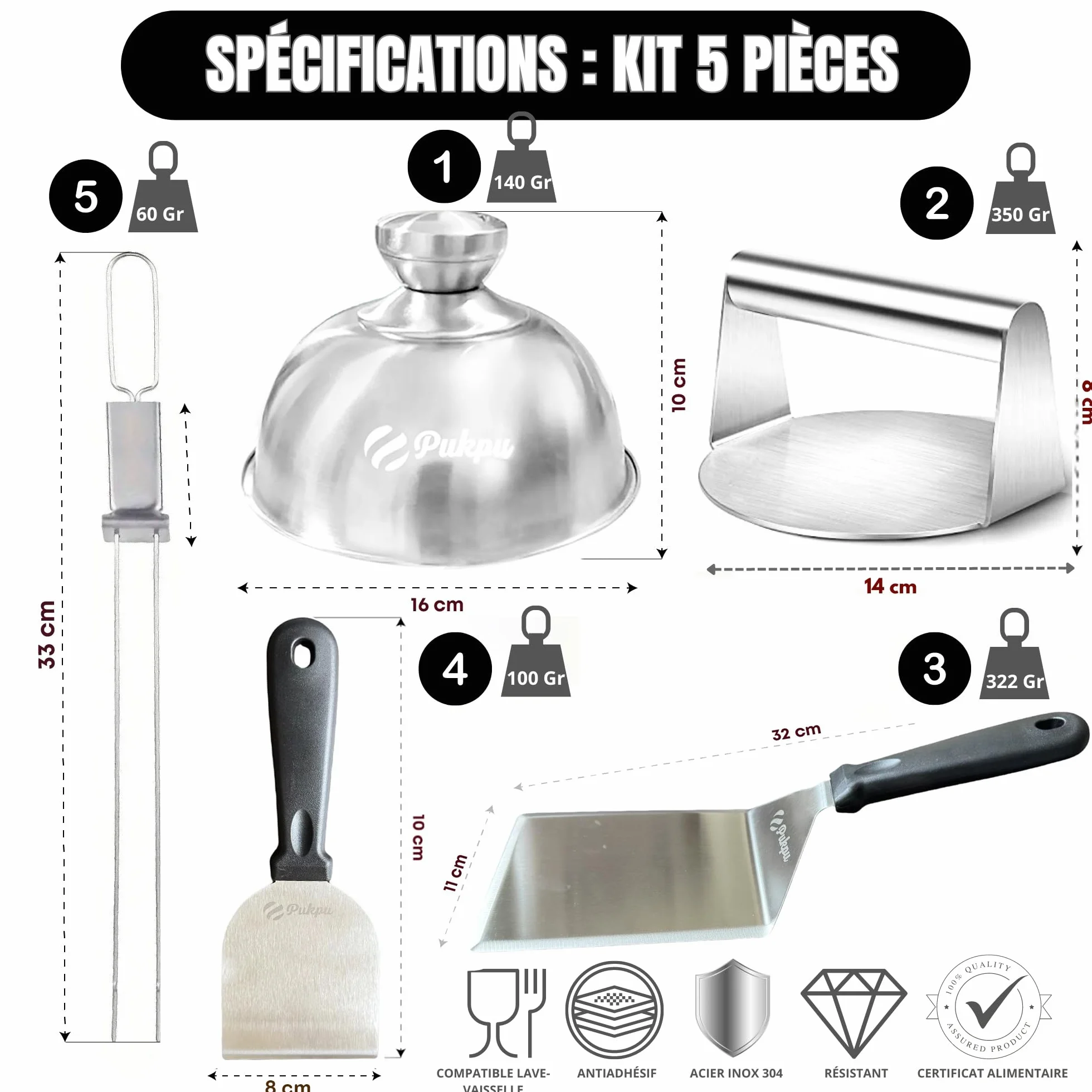 Kit Smash Burger 6 Pièces Noir – Presse Hamburger, Spatules INOX, Cloches Fromage