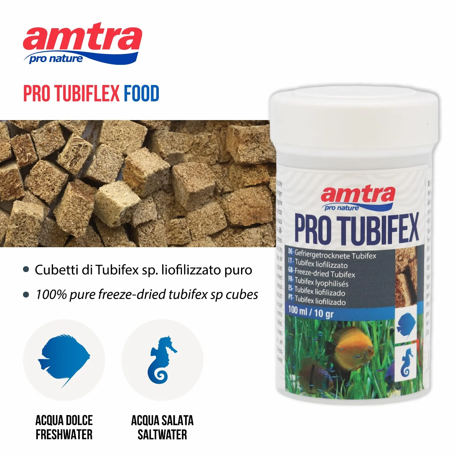 Amtra Pro Tubifex Nourriture Tubifex SP. Cubes Lyophilisés 100% Purs Poissons d'eau Douce Marins 100 ML