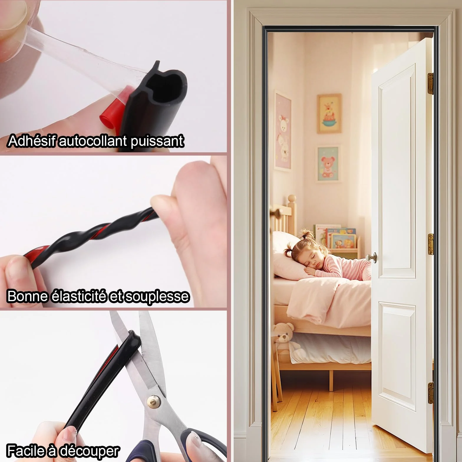 Joint de Porte Autocollant en Caoutchouc - Bande d'Étanchéité avec Isolation Phonique, Efficacité Énergétique, Résistance aux Intempéries, pour Fenêtres, Portes d'Entrée & Intérieurs, 7m Noir