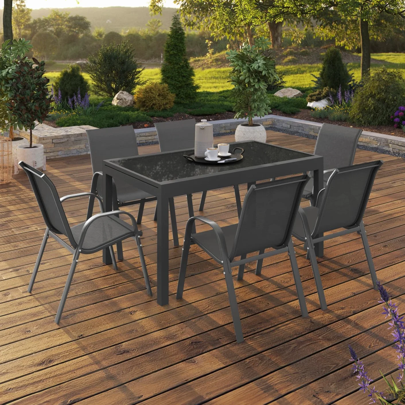 Salon de Jardin Madrid Table Extensible Gris Anthracite 135-270 CM 12 Chaises Empilables