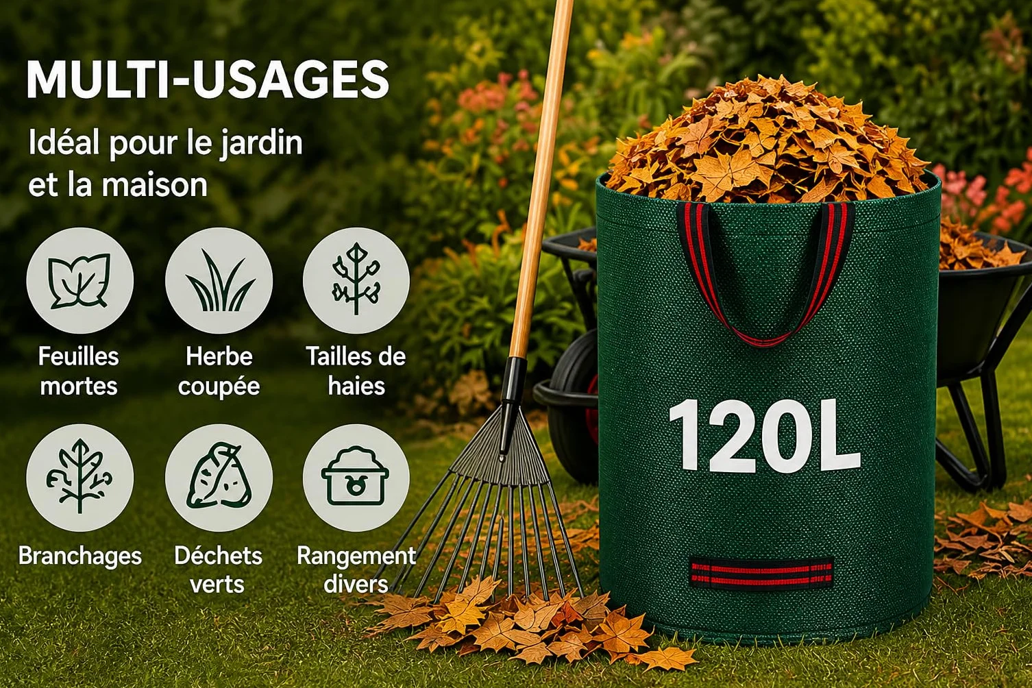 Sacs Jardin 120L Ultra Résistants Réutilisables Lot de 3 Polypropylène Renforcé
