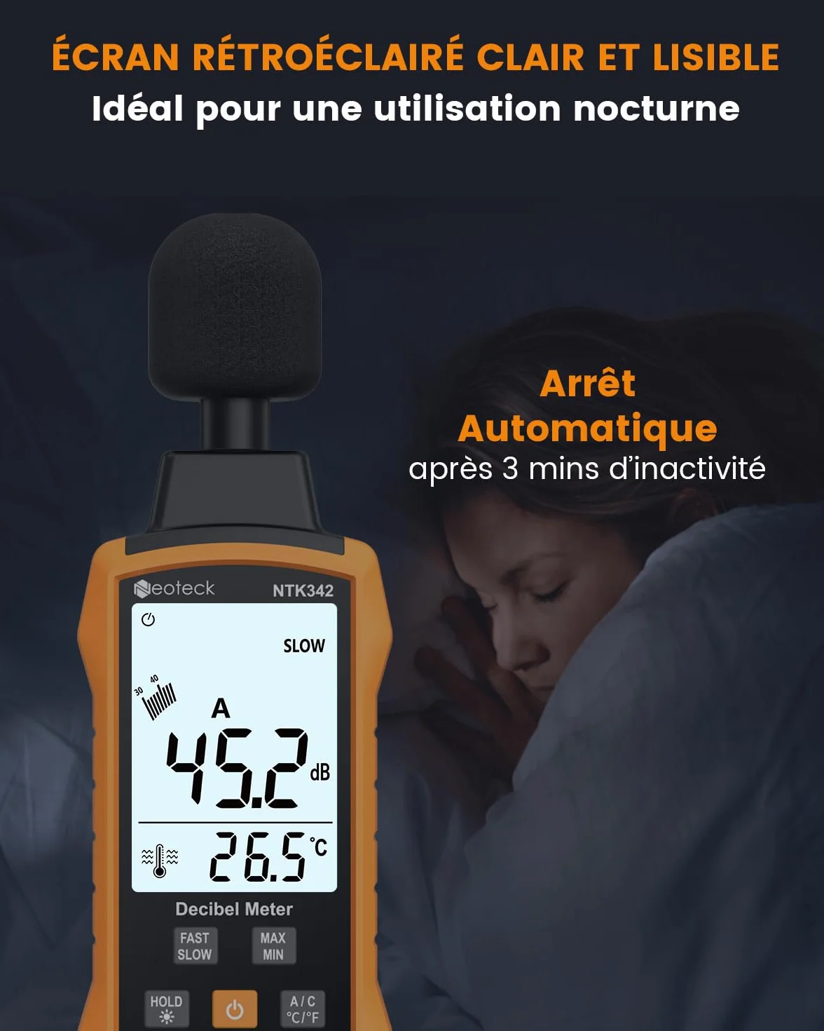 Neoteck Sonomètre Numérique Portable 30–130dB – Décibelmètre A/C Pondéré, Réponse Rapide et Lente, Écran LCD Rétroéclairé, Données MAX/MIN et Maintien, Professionnel pour Maison, Bureau, Usine