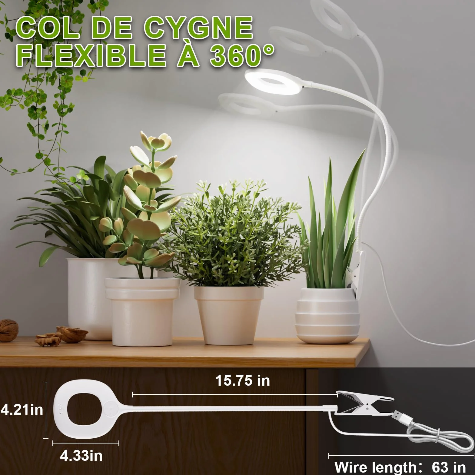 Lampe Horticole LED à Spectre Complet 10W 56 LEDs, Lampe de Croissance Plantes d’Intérieur avec Pince, Col de Cygne Flexible, Minuterie 4/8/12H, 3 Modes