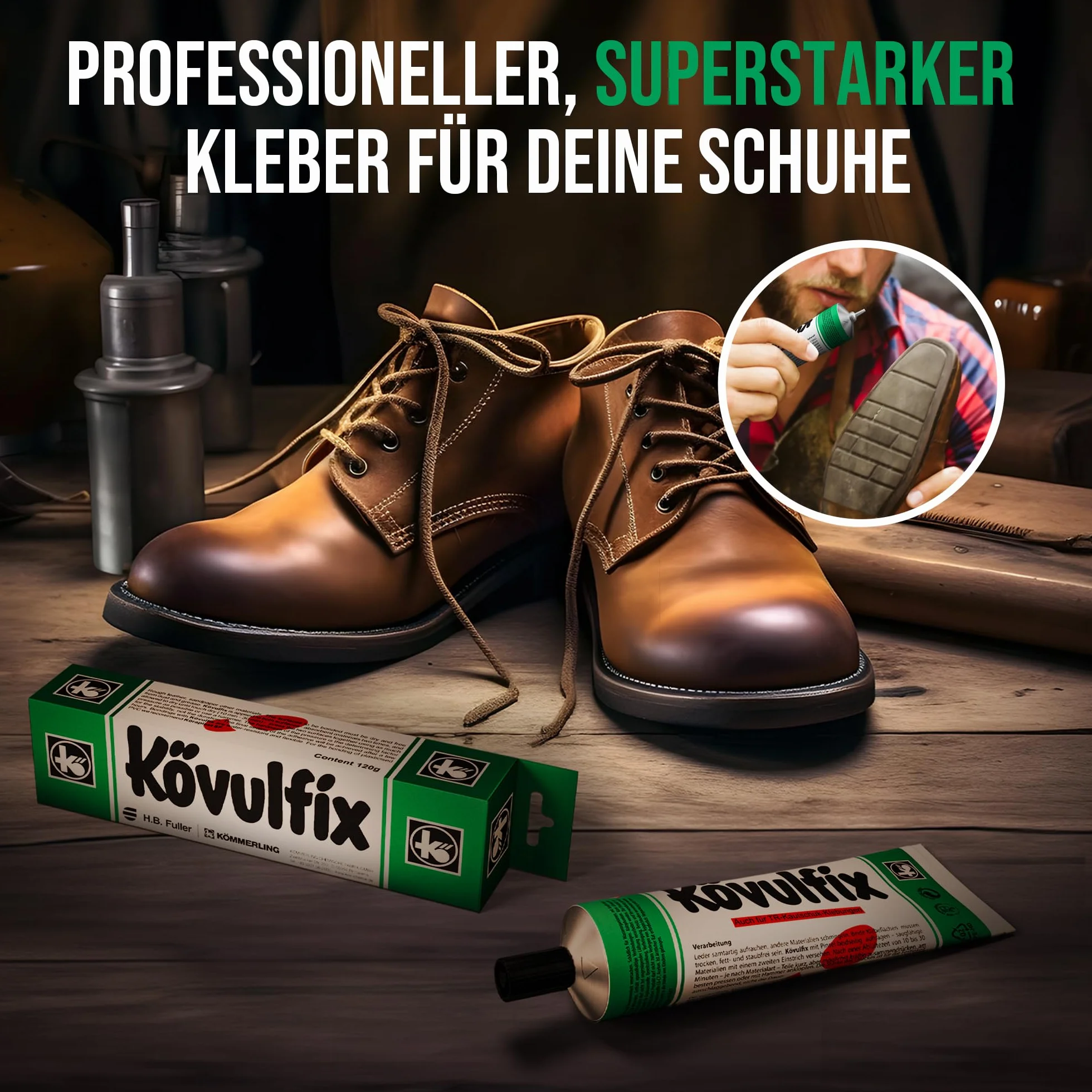 Kövulfix Kit de colle de contact 240 g + pinceau – Colle à chaussures extra forte, imperméable et flexible – Colle universelle pour cuir, caoutchouc, textile, chaussures, ciel de toit, auvent