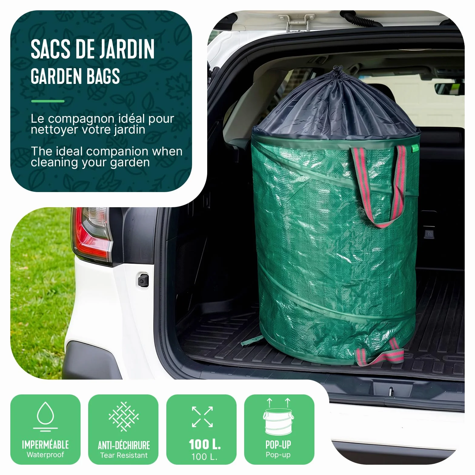Lot de 3 Sac de Jardin Pop up 100L Polyéthylène Robuste avec Poignées Pliable Vert