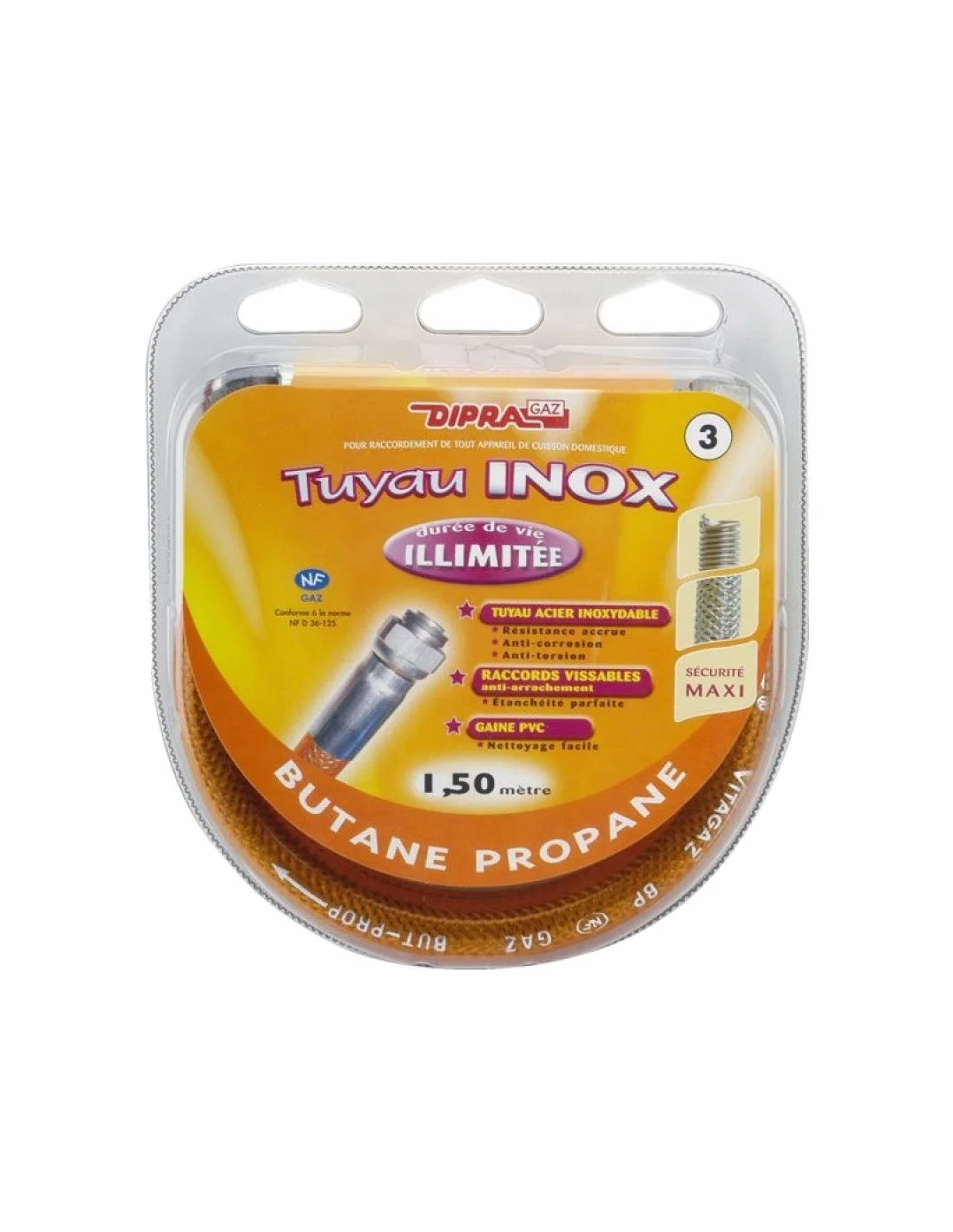 Flexible inox gaz butane propane 1M50 Raccords G 1/2" M20x150 Gaine PVC Certifié NF
