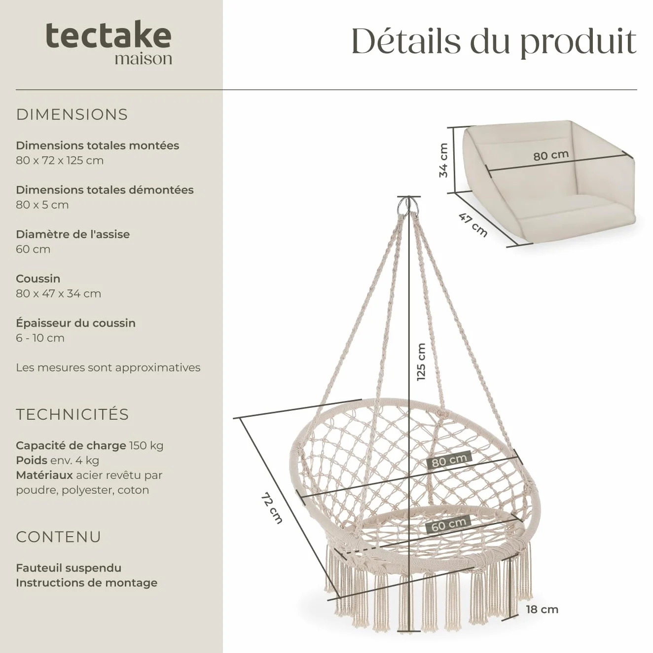 Tectake Fauteuil Suspendu Relax Design Intérieur Extérieur 1 Place Coussin XXL Moelleux Inclus Beige