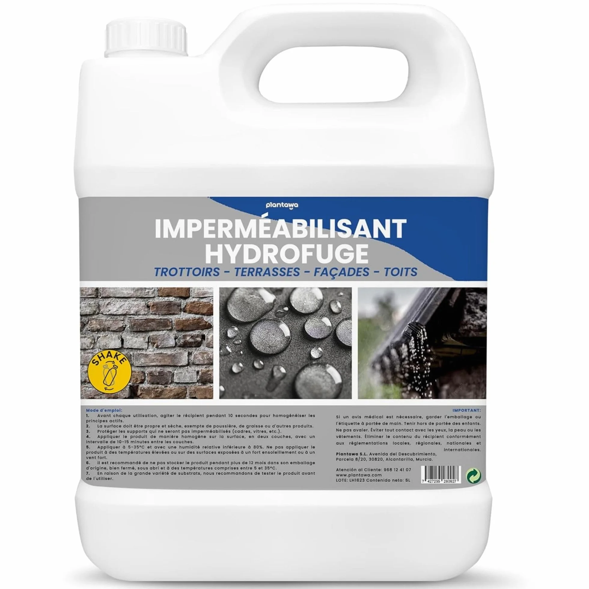 PLANTAWA Imperméabilisant Transparent 5L | Imperméabilisant Invisible, non Filmogène, Protection Totale sur Façades, Béton, Terrasses, Toitures | Hydrofuge, Résistant à l'Eau