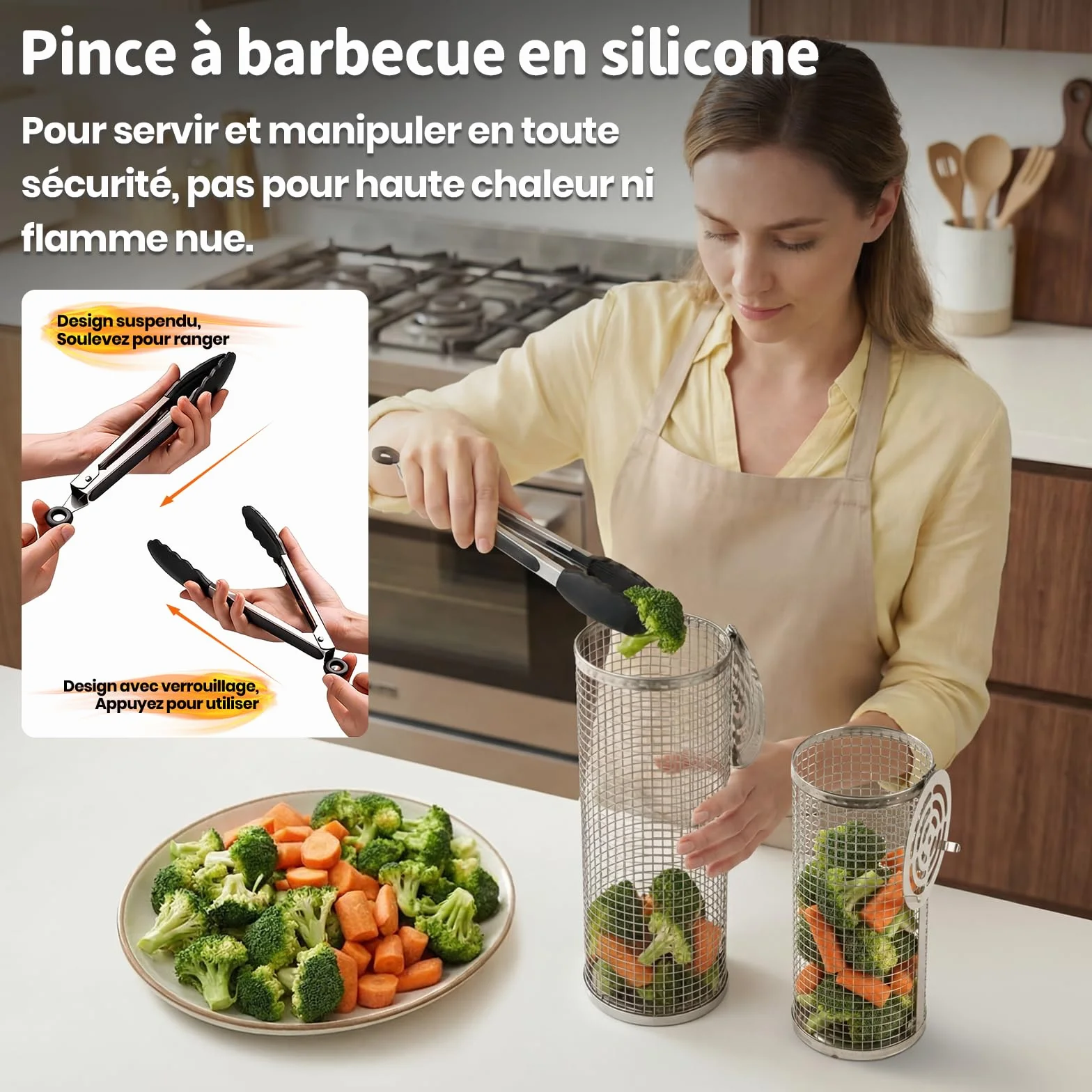 Set de Panier à Barbecue Roulant avec Accessoires, Acier Inoxydable 304, Poignée Détachable, 18 Pièces