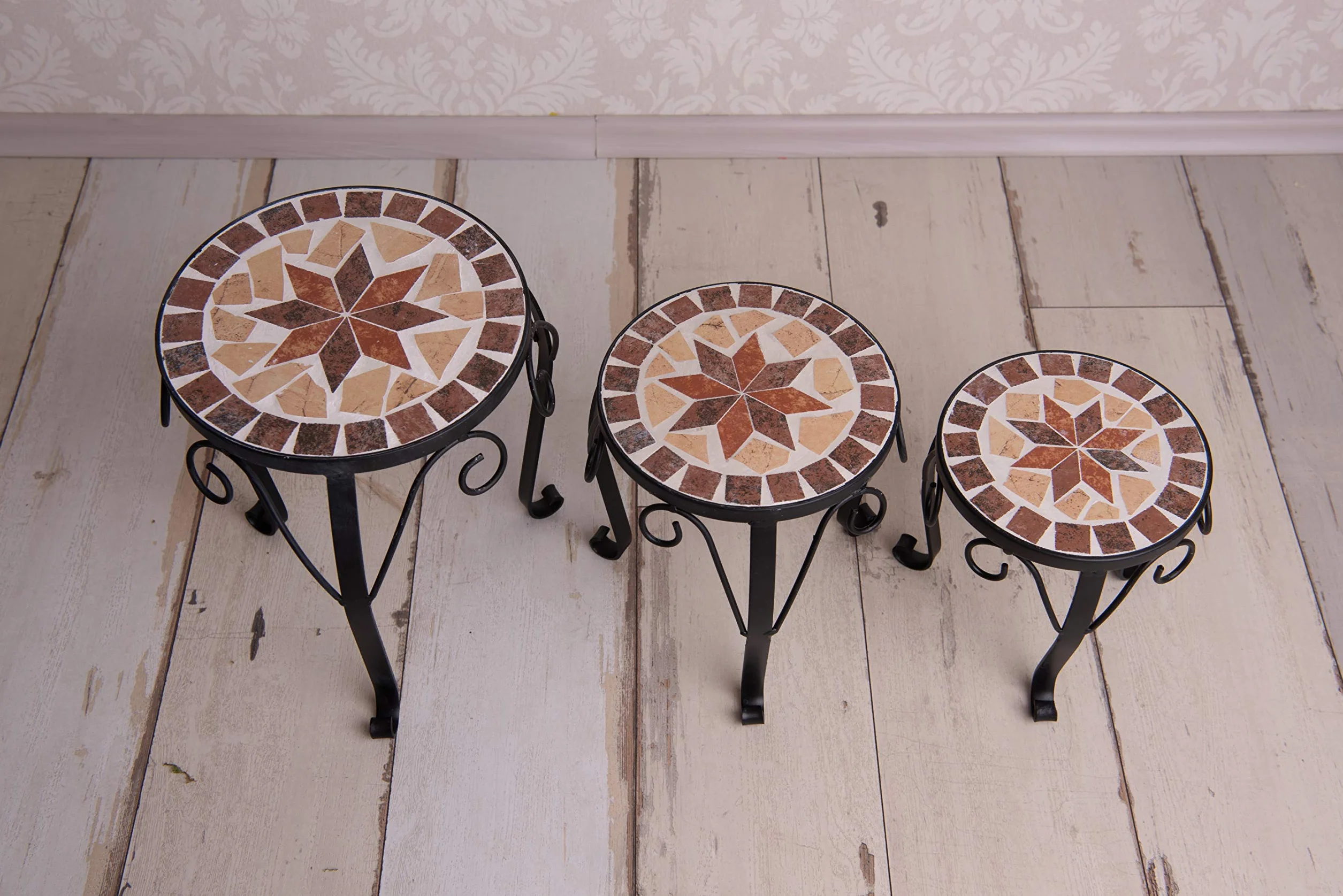 Ensemble de 3 tabourets porte-fleurs ronds à mosaïque en céramique pour jardin terrasse