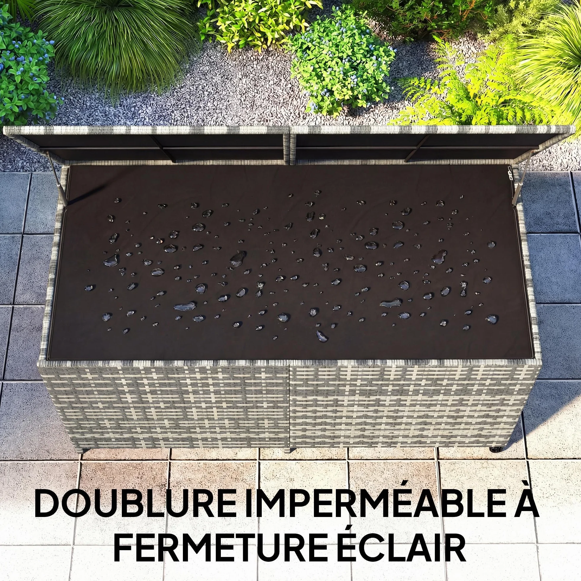 Outsunny Coffre de jardin résine tressée 650 L imperméable extérieur rangement avec doublure zippée tige pneumatique sécurisée 2 roues 150x75x74 cm gris