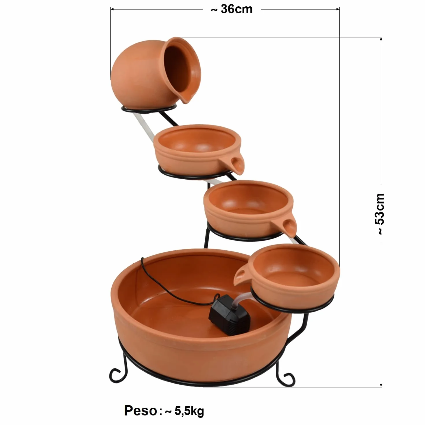 Fontaine Solaire Cascade Cruche et Bols en Argile 55 cm AMUR