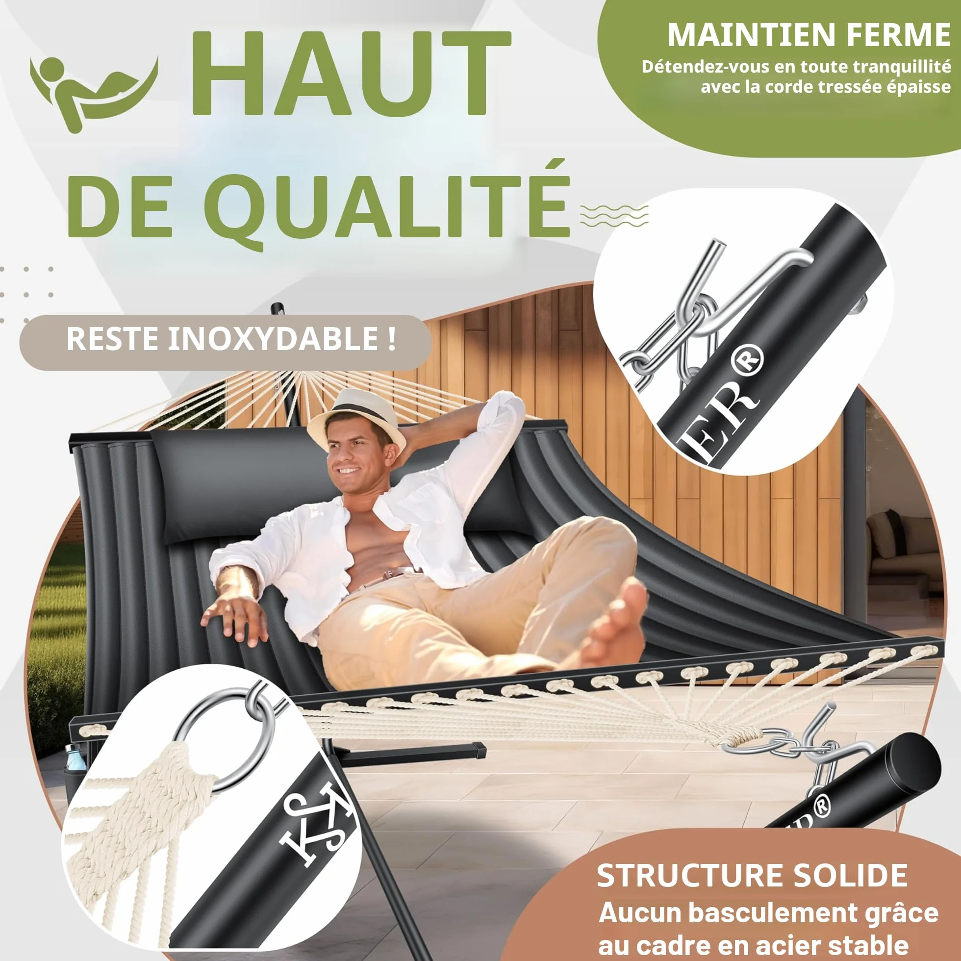 KESSER Hamac Double avec Support Coussin 200 kg Capacité Charge Intérieur Extérieur XXL Fauteuil Suspendu