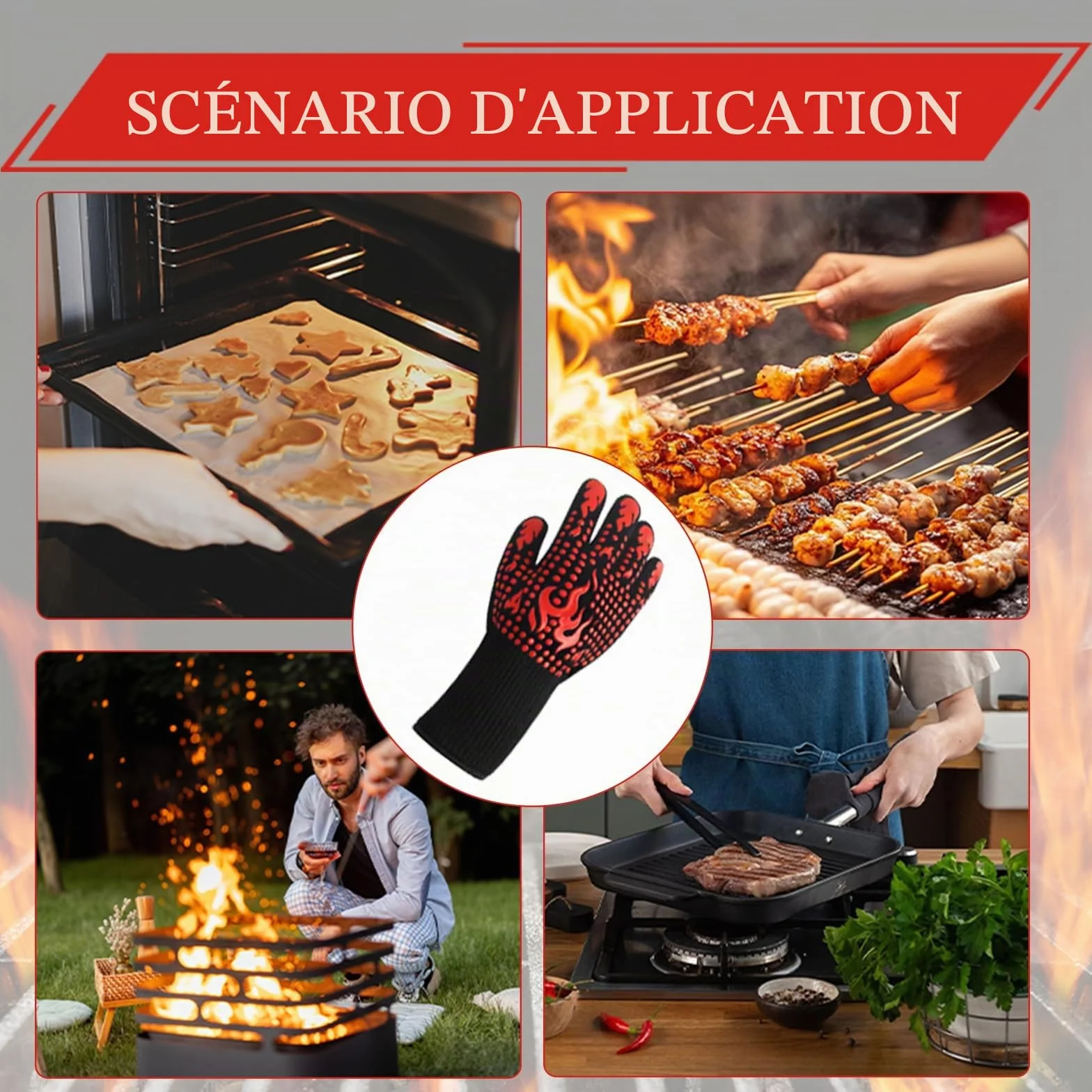 Gants de Barbecue Anti Chaleur 800°C, Gant de Cuisine Antidérapant pour BBQ, Four, Cheminée