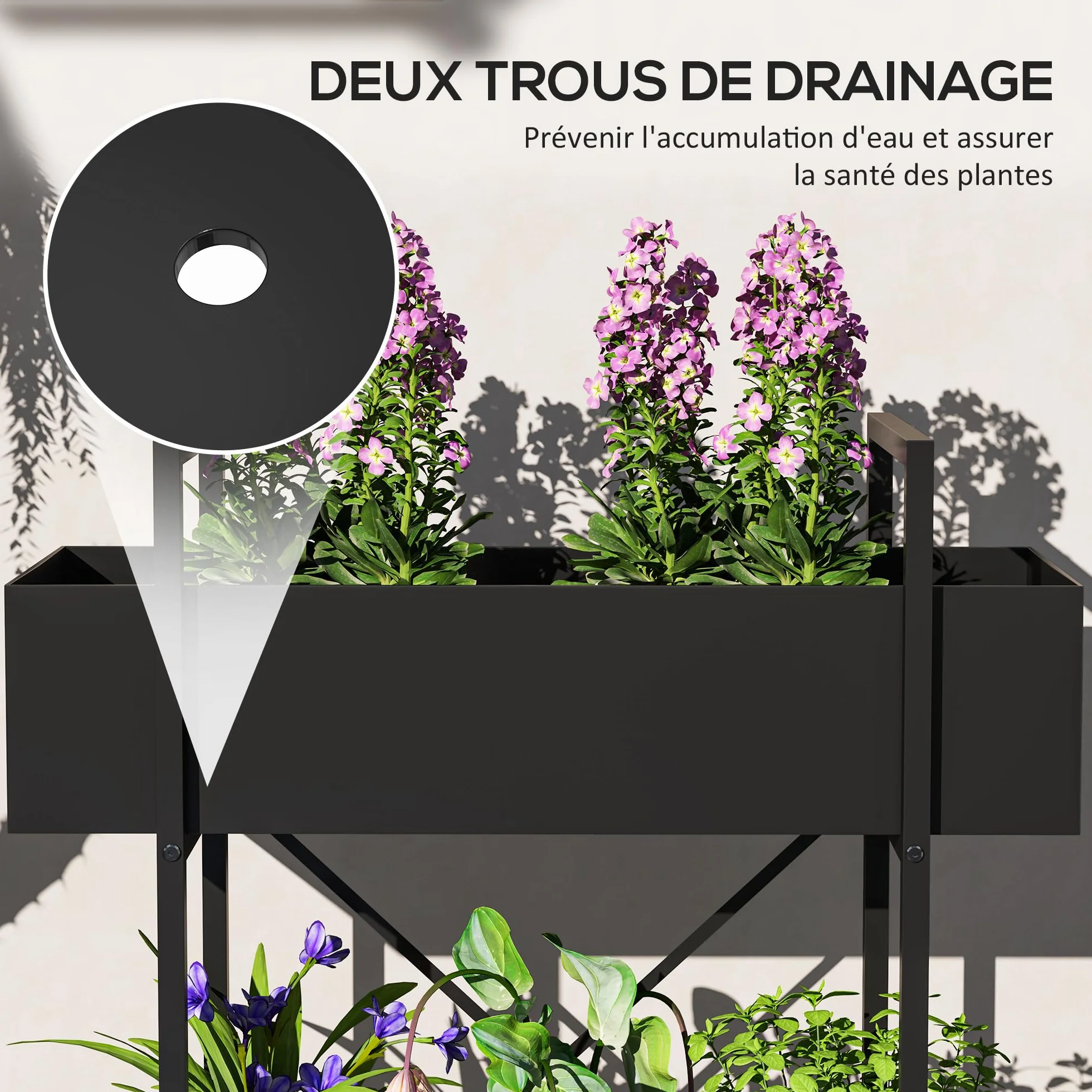Outsunny Support plantes interieur 2 niveaux, porte plante en métal avec trous de drainage, noir