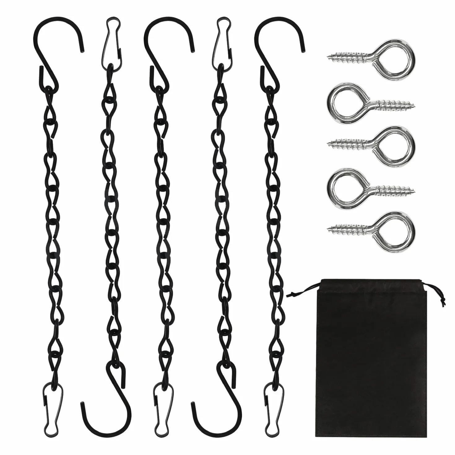 Lot de 5 Chaînes en Acier Noir avec Crochets à Vis pour Mangeoire à Oiseaux et Pots de Fleurs