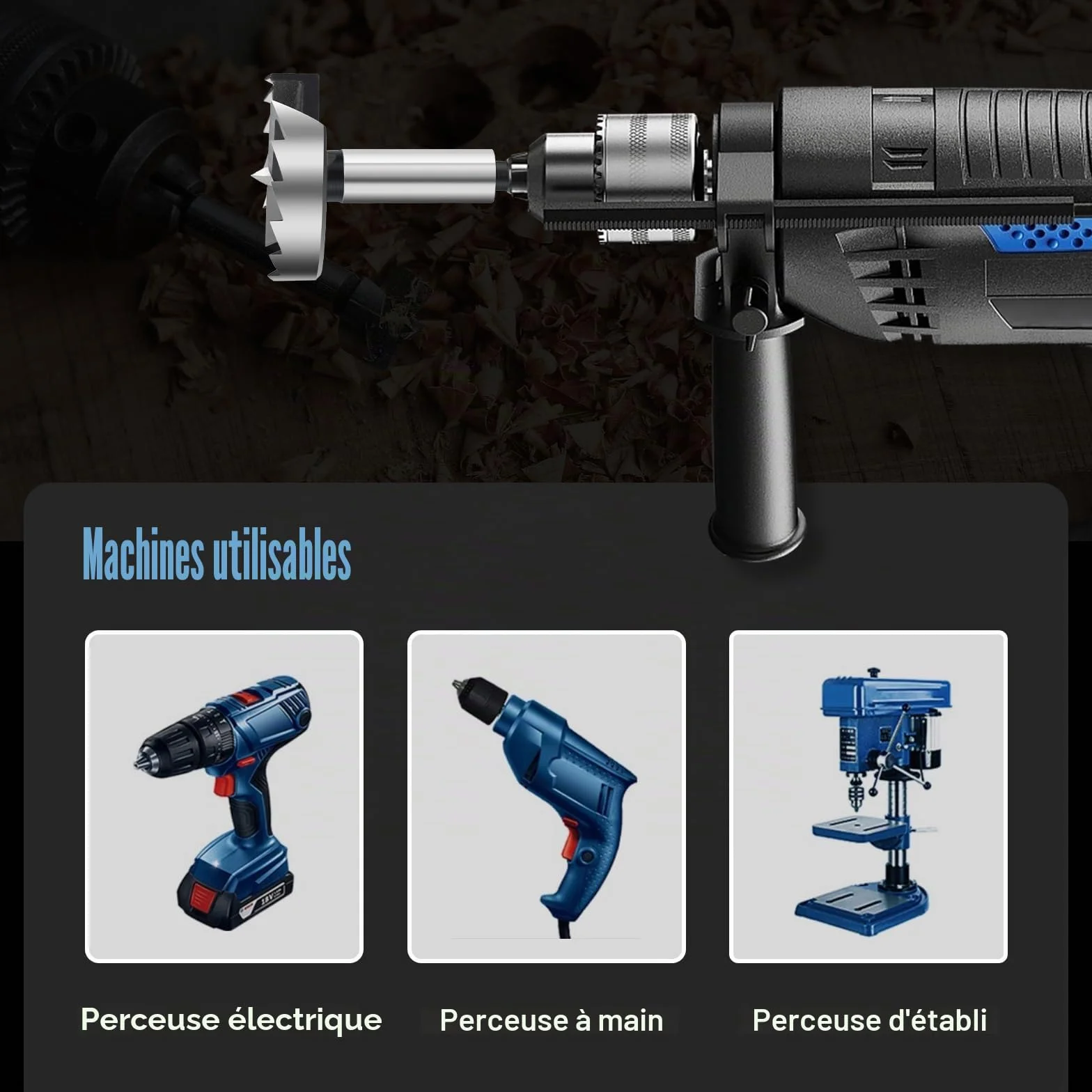 Mèche Forstner 50 mm pour bois, mèches Forstner diamètre 50 mm, longueur 90 mm avec tige hexagonale de 8 mm