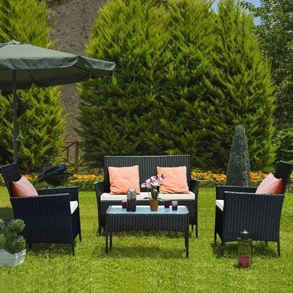 Salon de Jardin en Résine Tressée 4 Personnes avec 2 Fauteuils 1 Canapé 2 Places Table Noir