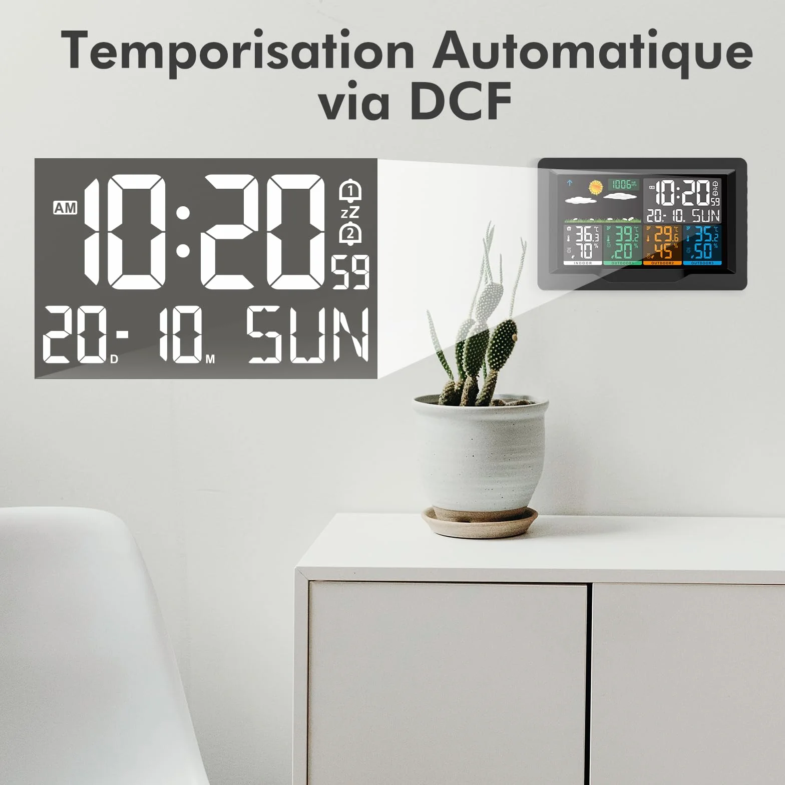 Station Météo Sans Fil avec 3 Capteurs Intérieur Extérieur, Écran LCD Rétroéclairage Réglable, Baromètre, Réveil, Prévisions