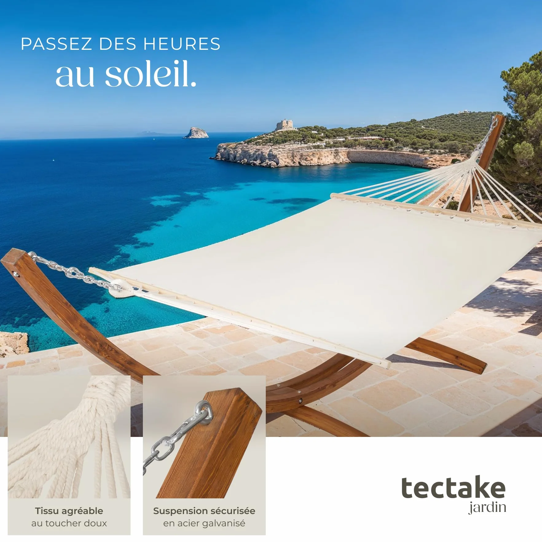 Hamac sur Pied XXL 2 Places Coton avec Support en Bois 415x150x124cm 200kg Couchage 205x150cm Ajustable pour Terrasse