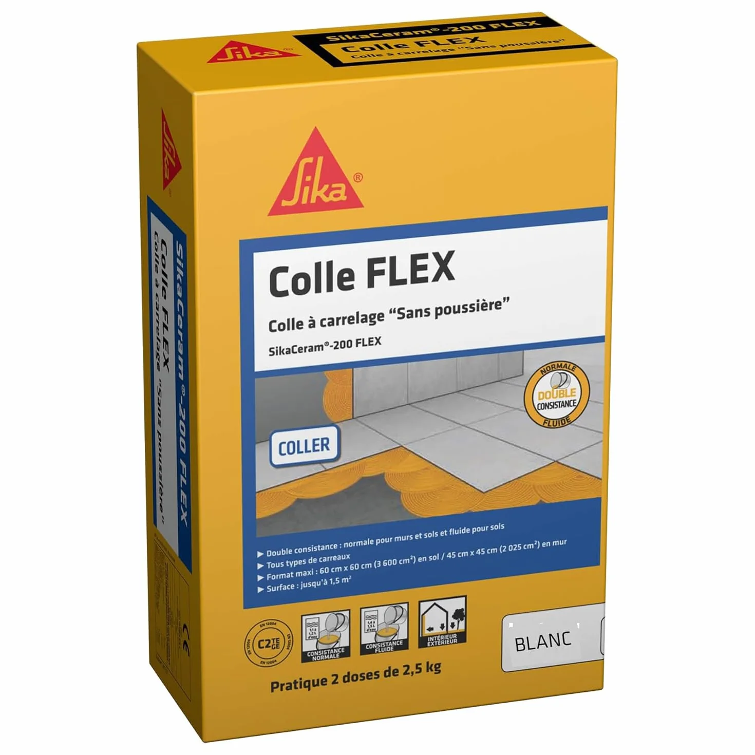 SIKA - Colle à carrelage à double consistance sans poussières - SikaCeram 200 FLEX Blanc - Tous types de carreaux (3600cm² max) - Murs et Sols - Intérieur et Extérieur - 5kg