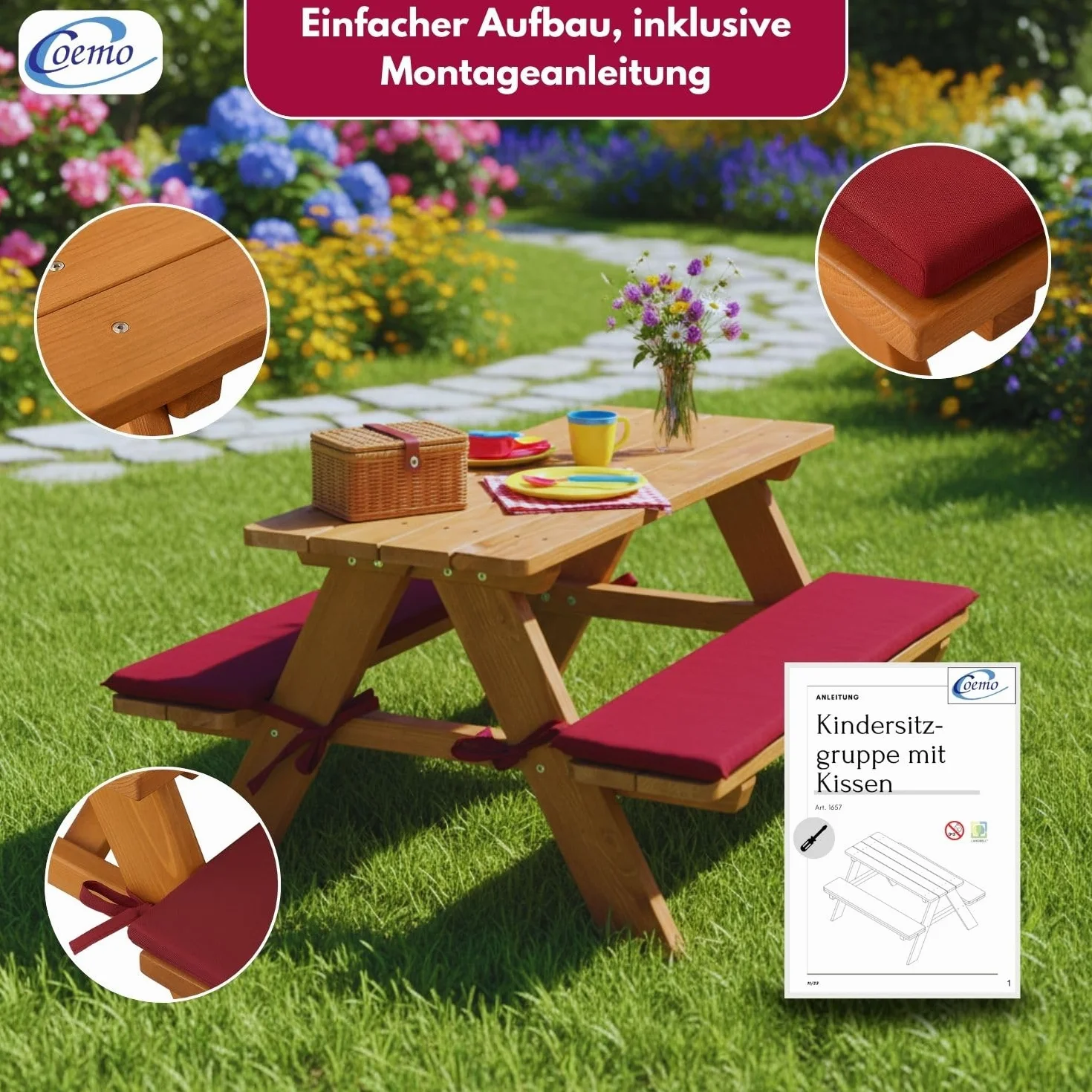 Coemo Salon de jardin stable pour enfant avec rembourrage Table de pique-nique en bois