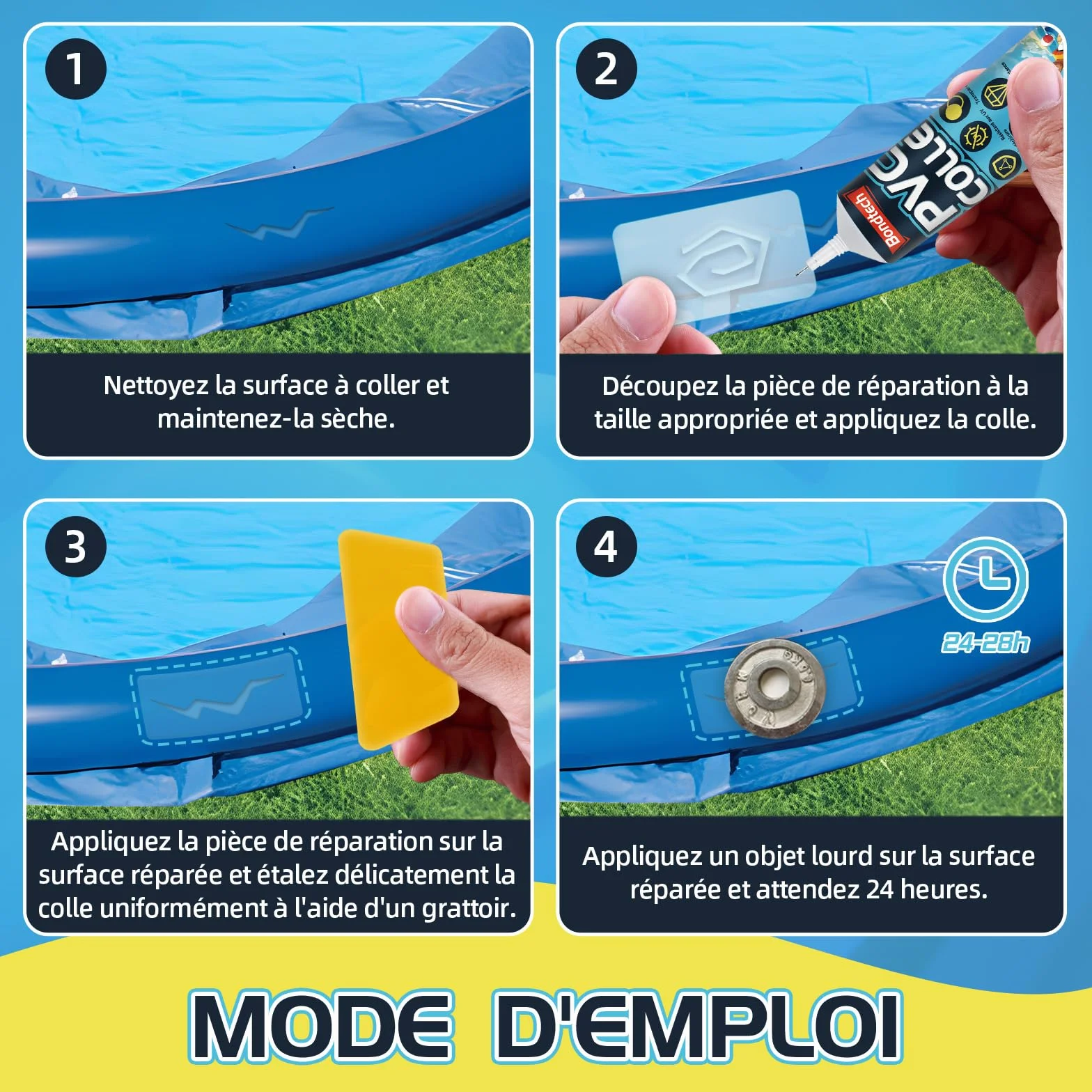 Kit de Réparation Piscine Transparente Colle PVC Bouées Matelas Bateaux