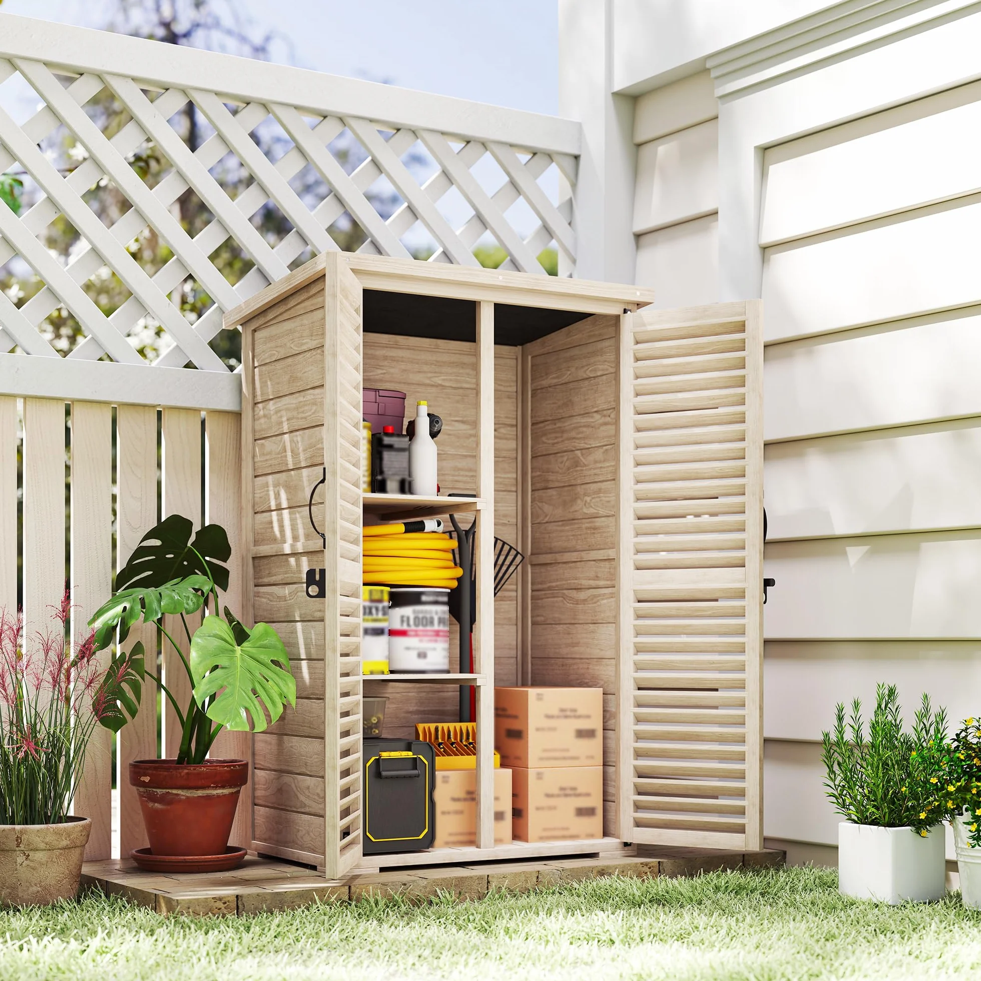 Outsunny Armoire de Jardin Bois Toit bitumé 2 étagères Portes persiennes verrouillable 75x50x118