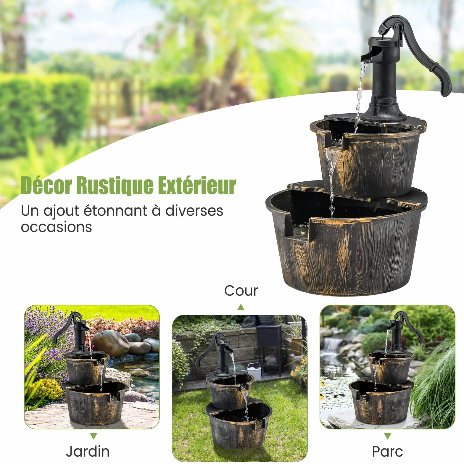COSTWAY Fontaine Cascade Extérieure 2 Étages Pompe Réglable 68 cm PP Bronze Jardin